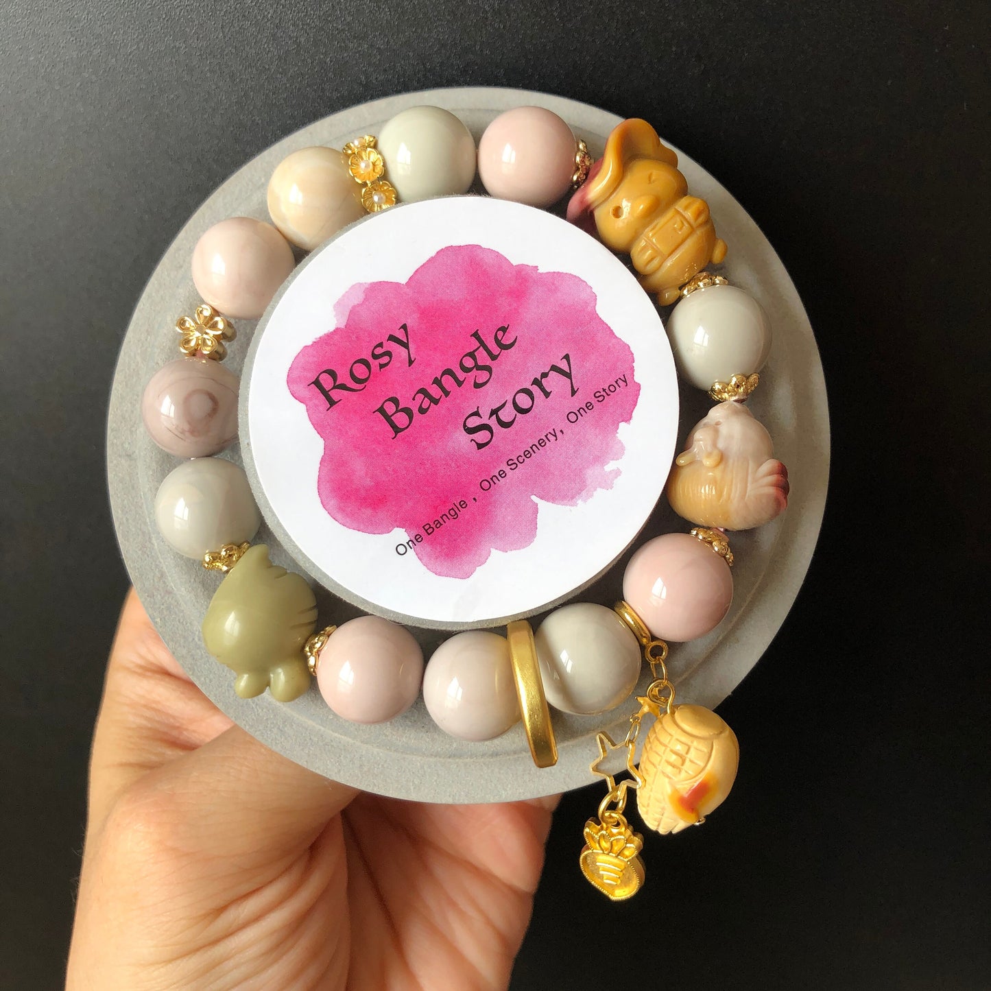 Alashan Agate Happy Farm with Duck Sheriff, Hen, Radish and Corn carved Charm Dangler Bracelet | Pastel Macaroon | tailor made crystal