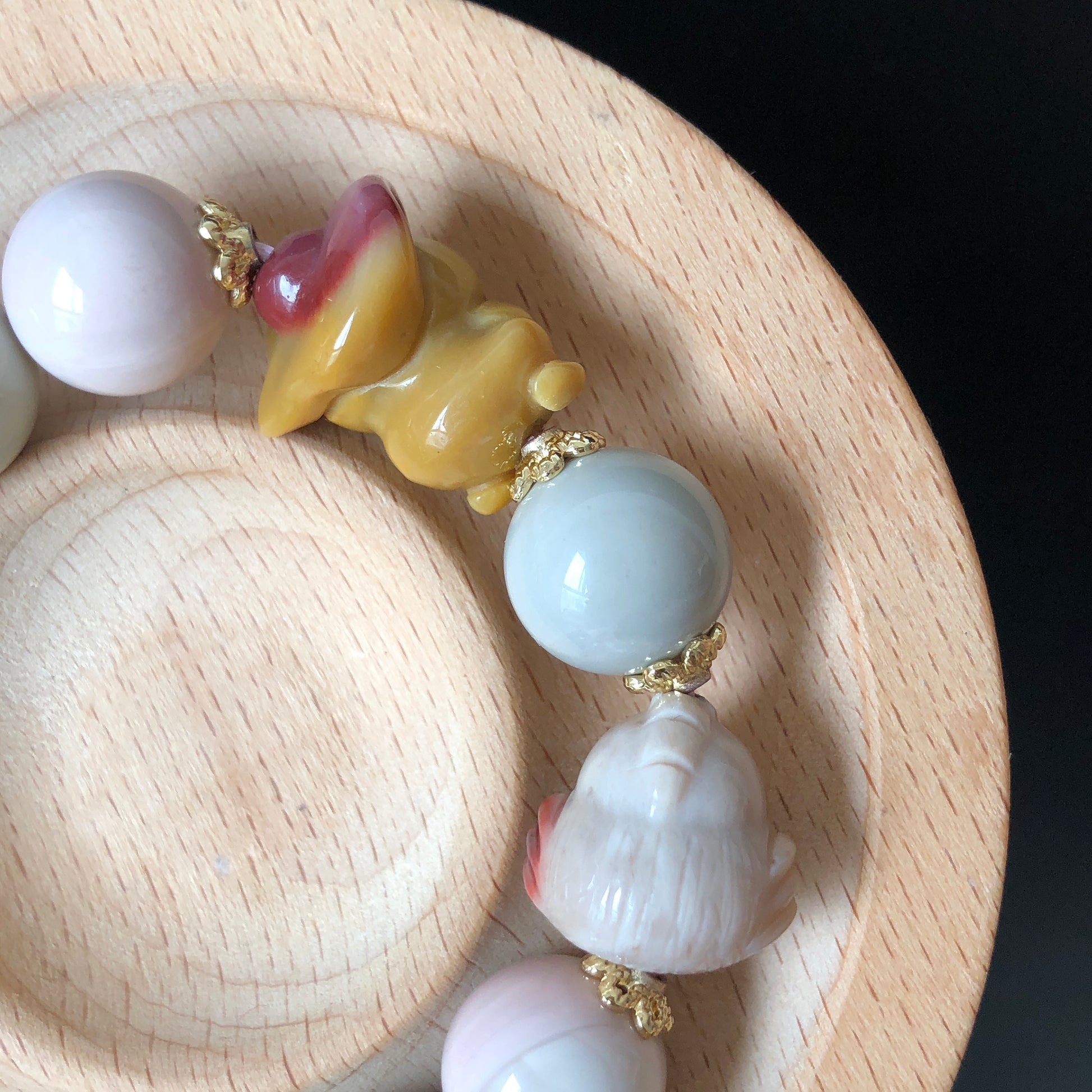 Alashan Agate Happy Farm with Duck Sheriff, Hen, Radish and Corn carved Charm Dangler Bracelet | Pastel Macaroon | tailor made crystal