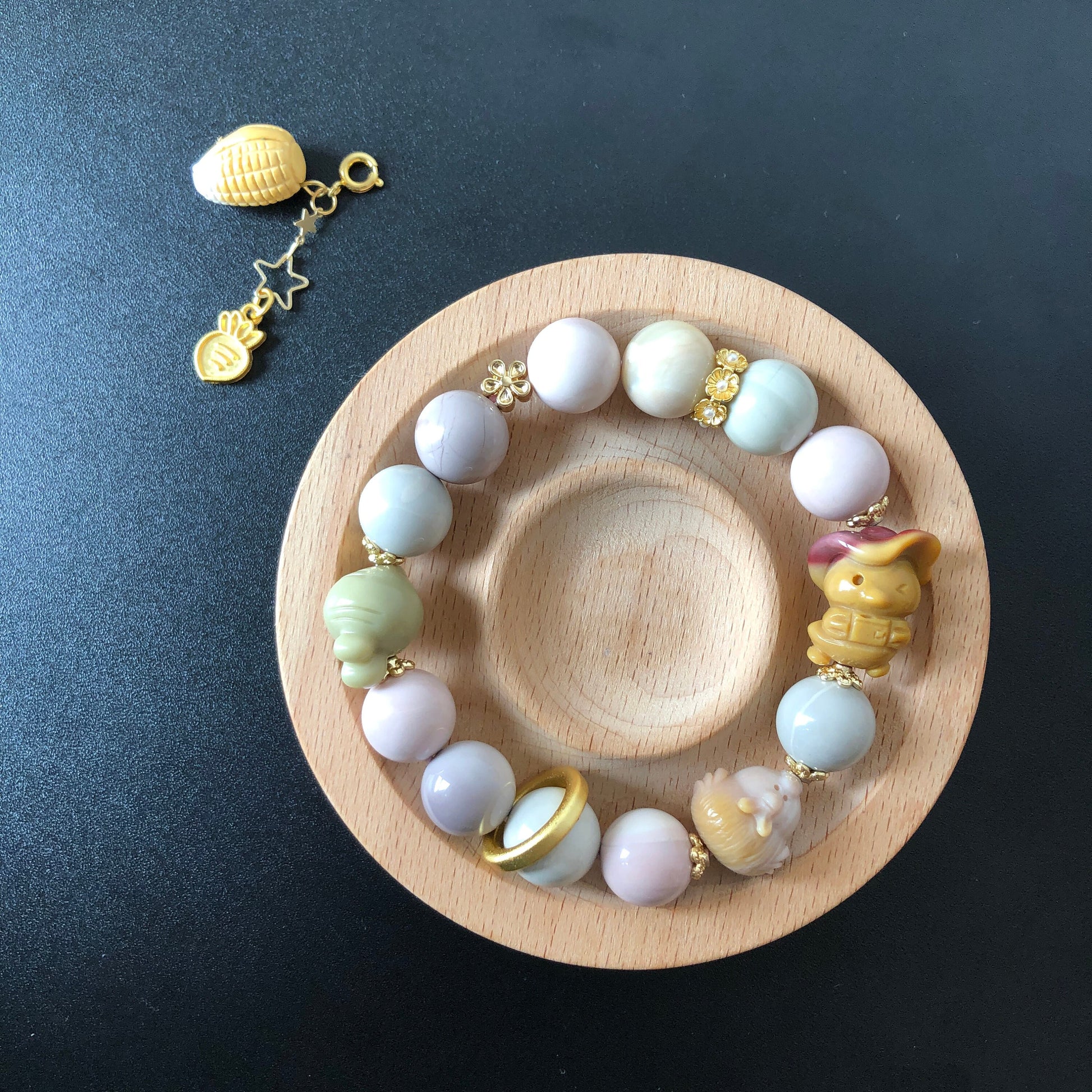 Alashan Agate Happy Farm with Duck Sheriff, Hen, Radish and Corn carved Charm Dangler Bracelet | Pastel Macaroon | tailor made crystal