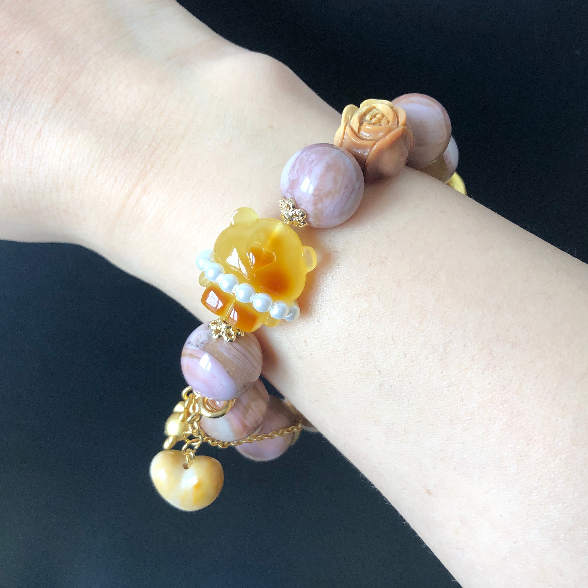 Natural Amber Bear and Alashan Agate carved charm DIY handmade tailormade bracelet | Pink Mango | Cat Paw, Rose and Heart | Healing Crystal