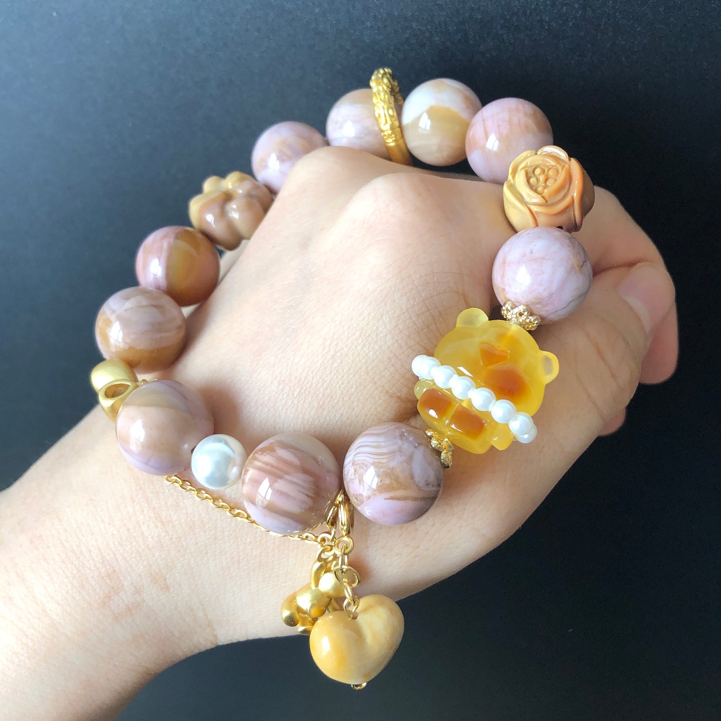 Natural Amber Bear and Alashan Agate carved charm DIY handmade tailormade bracelet | Pink Mango | Cat Paw, Rose and Heart | Healing Crystal