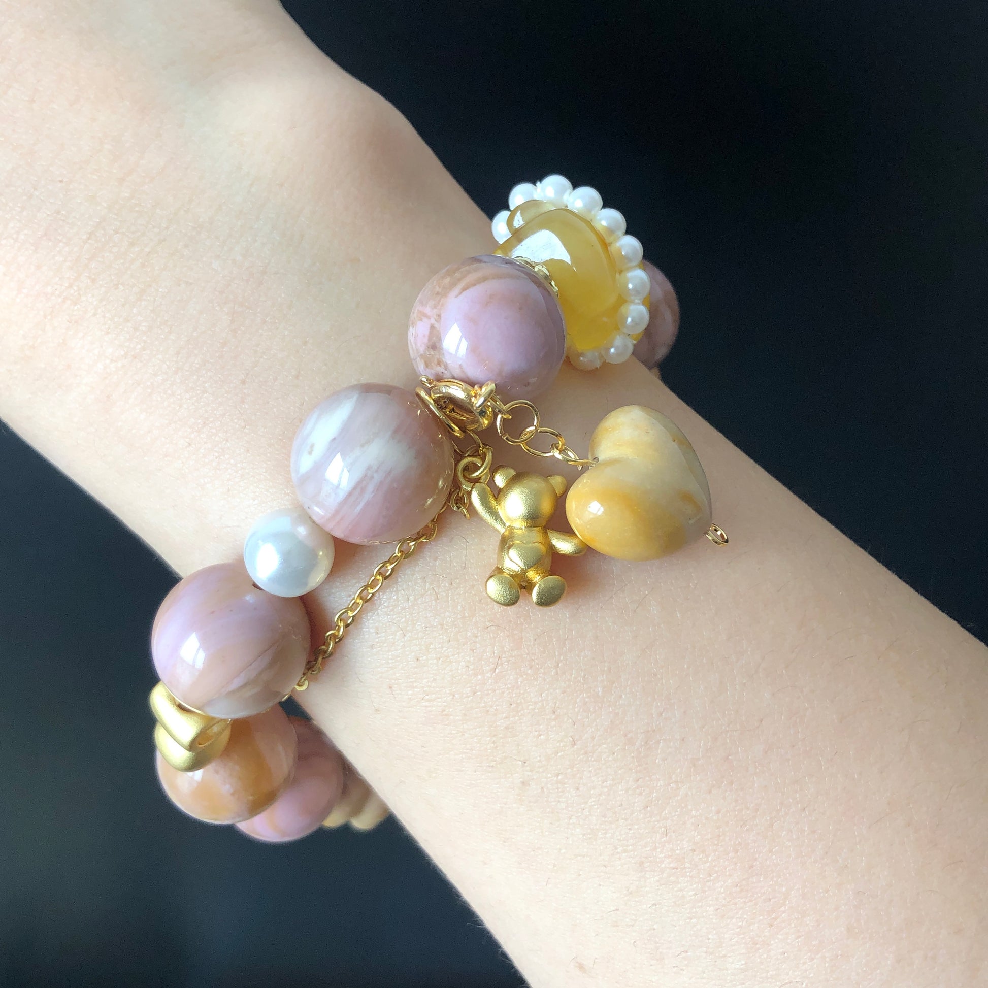 Natural Amber Bear and Alashan Agate carved charm DIY handmade tailormade bracelet | Pink Mango | Cat Paw, Rose and Heart | Healing Crystal