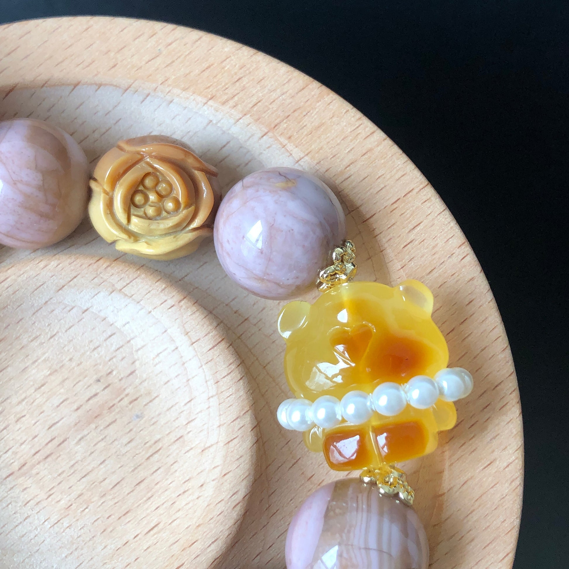 Natural Amber Bear and Alashan Agate carved charm DIY handmade tailormade bracelet | Pink Mango | Cat Paw, Rose and Heart | Healing Crystal