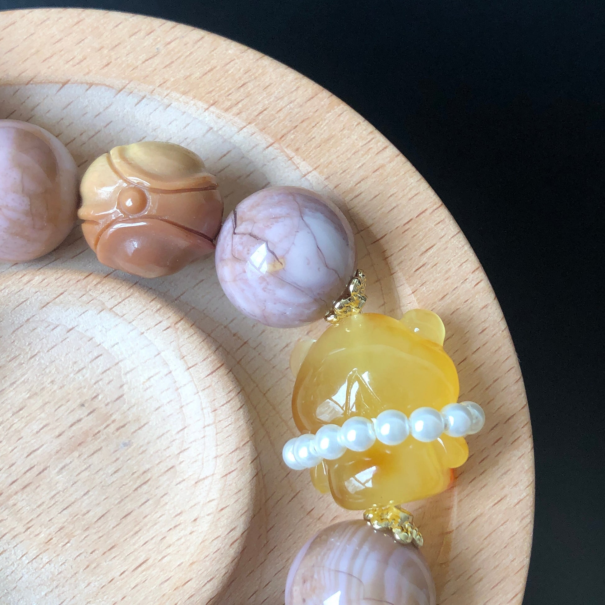 Natural Amber Bear and Alashan Agate carved charm DIY handmade tailormade bracelet | Pink Mango | Cat Paw, Rose and Heart | Healing Crystal