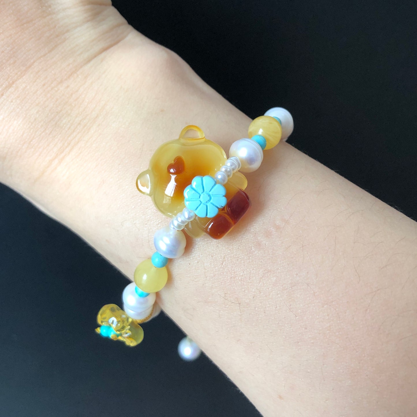 Natural Amber Bear Fossilized Tree Resin with Freshwater Pearl and Turquoise charm adjustable slide bracelet l DIY dangler| Healing Crystal