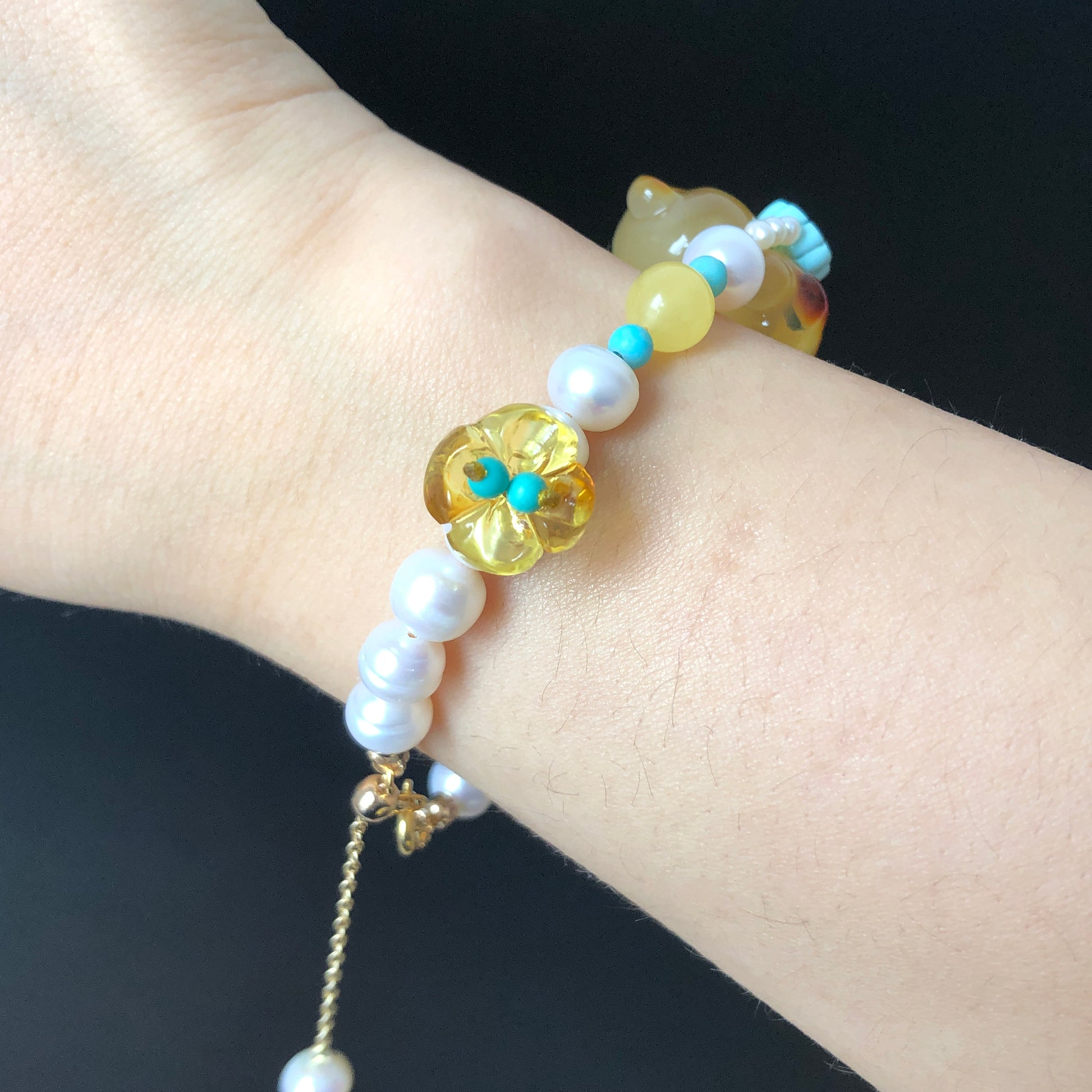 Natural Amber Bear Fossilized Tree Resin with Freshwater Pearl and Turquoise charm adjustable slide bracelet l DIY dangler| Healing Crystal