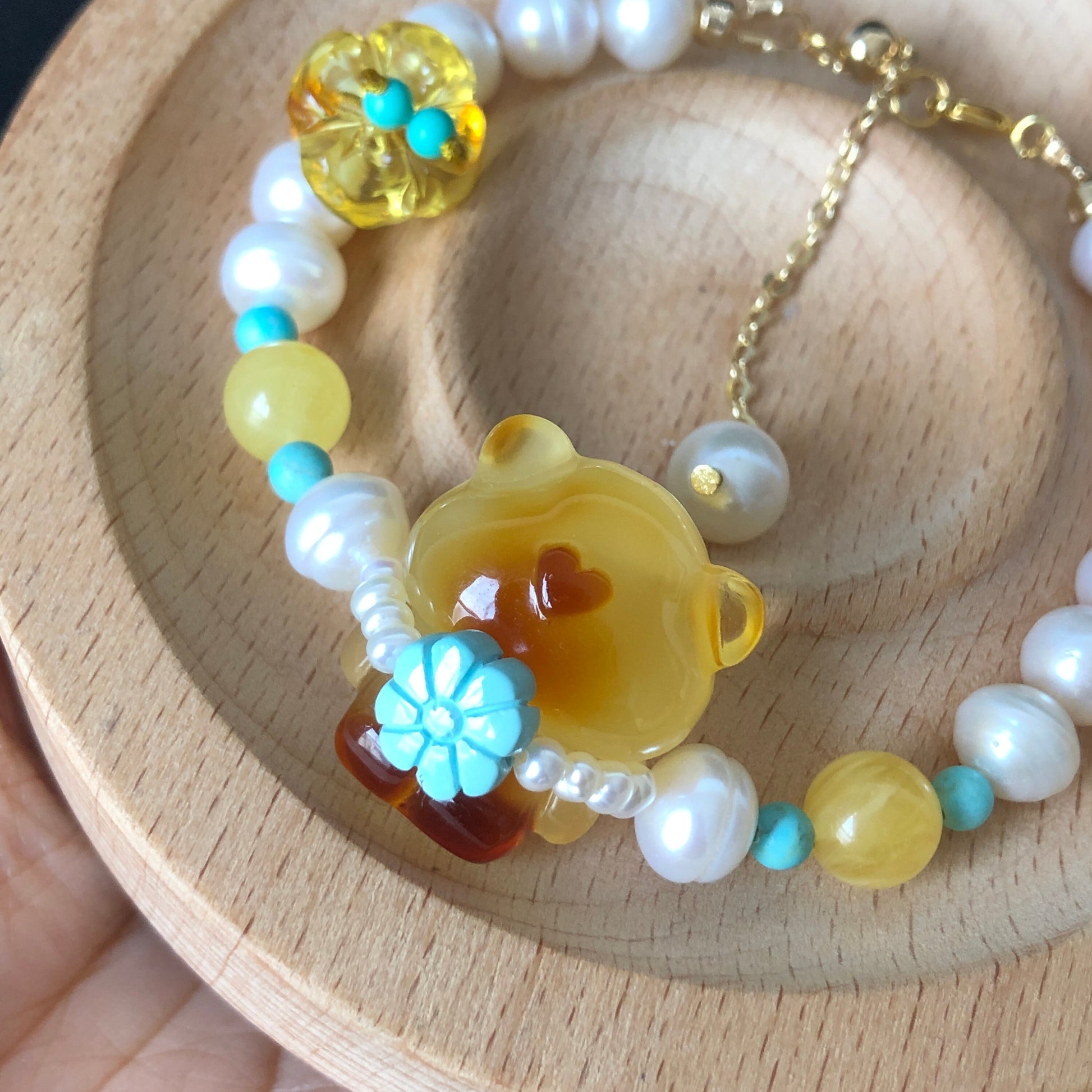 Natural Amber Bear Fossilized Tree Resin with Freshwater Pearl and Turquoise charm adjustable slide bracelet l DIY dangler| Healing Crystal