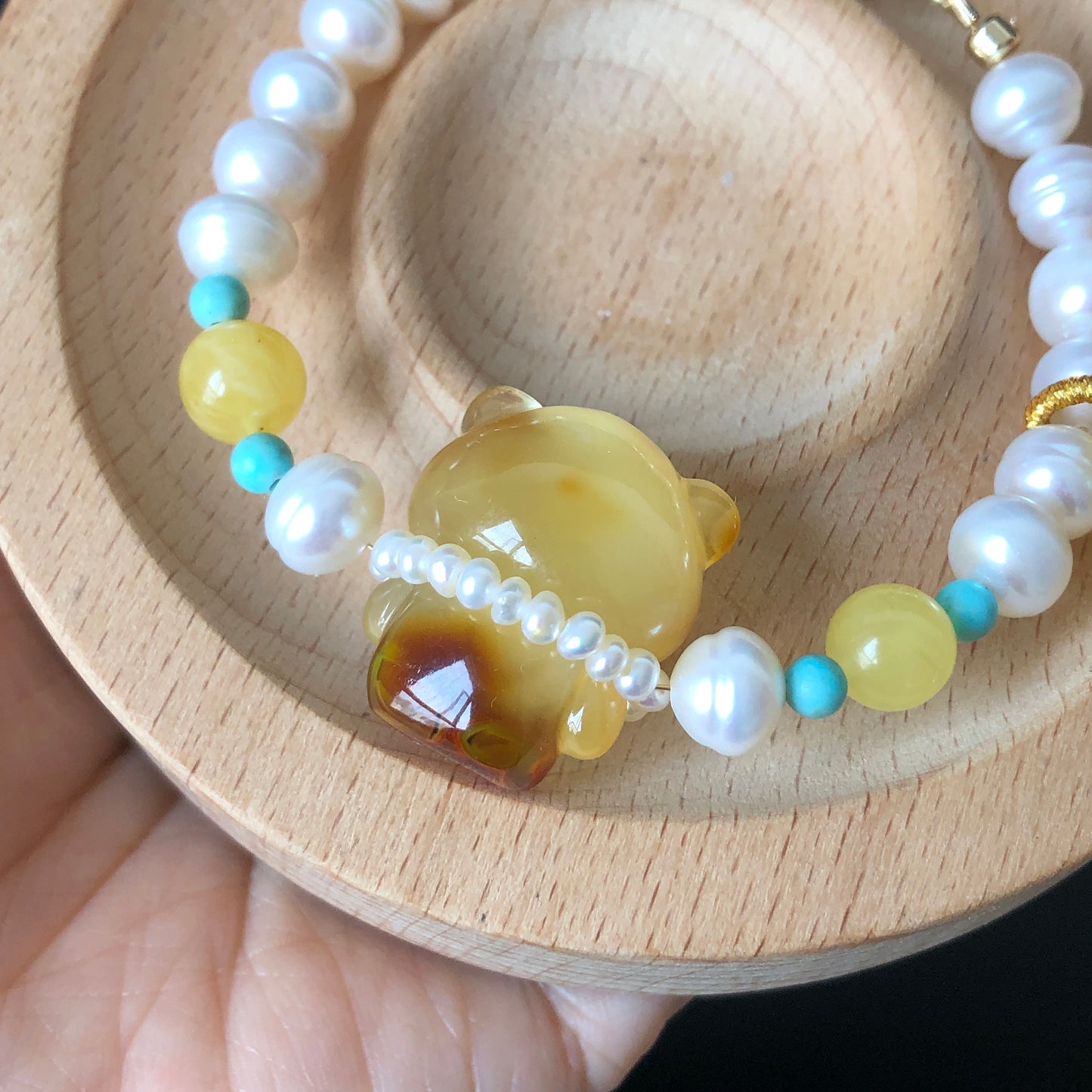 Natural Amber Bear Fossilized Tree Resin with Freshwater Pearl and Turquoise charm adjustable slide bracelet l DIY dangler| Healing Crystal