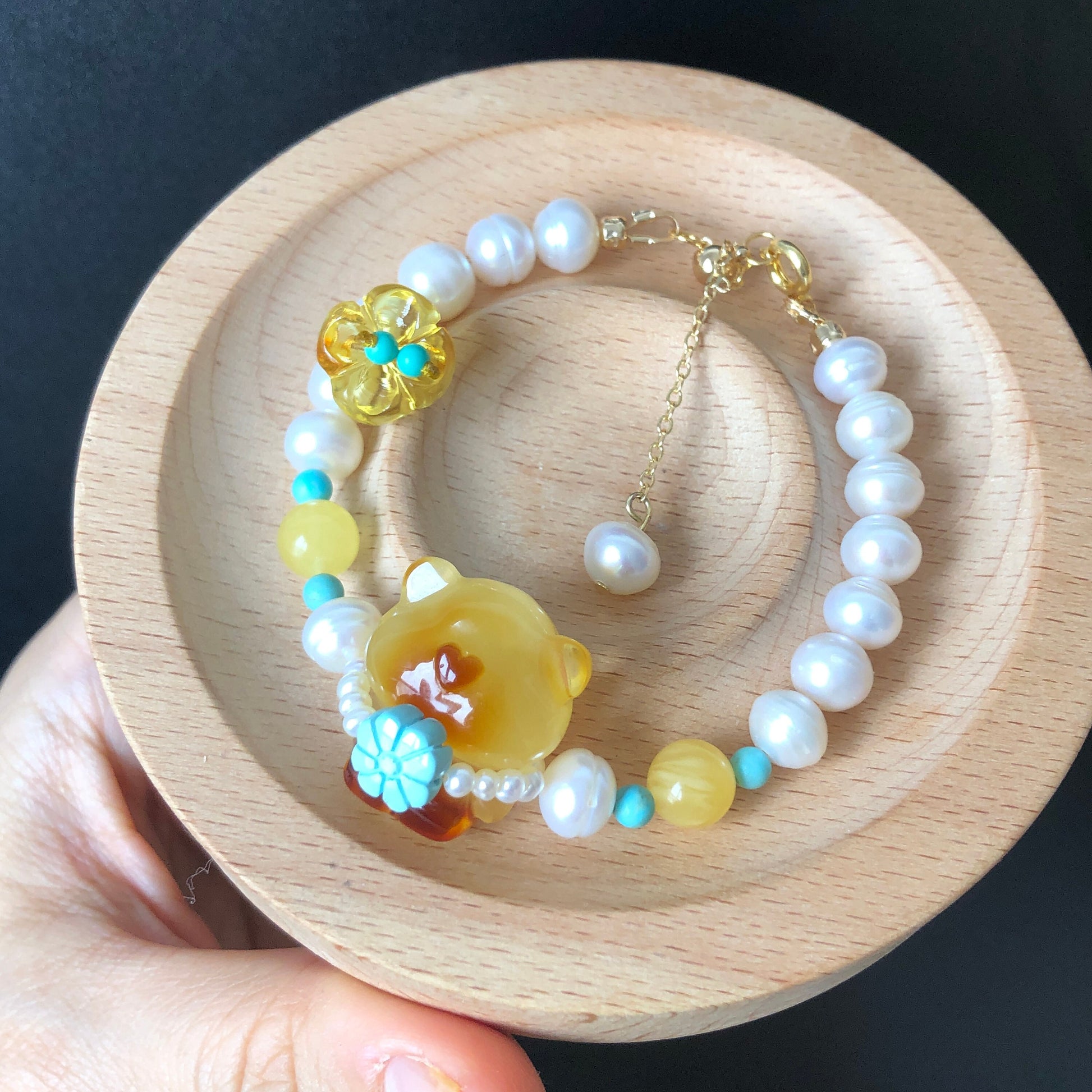 Natural Amber Bear Fossilized Tree Resin with Freshwater Pearl and Turquoise charm adjustable slide bracelet l DIY dangler| Healing Crystal