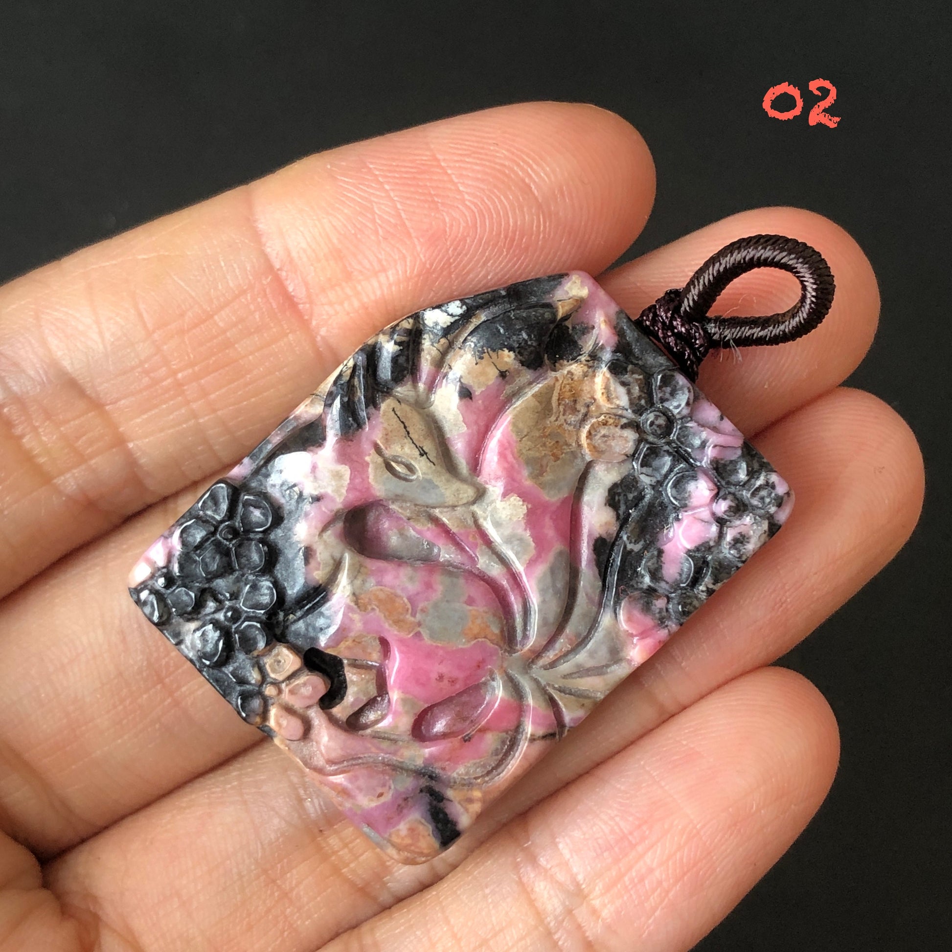 Natural Rhodonite Stone Carved Nine-tailed Fox Pendant Charm | adjustable necklace | Pink Porcelain Blue Brownish Purple with Black Ink