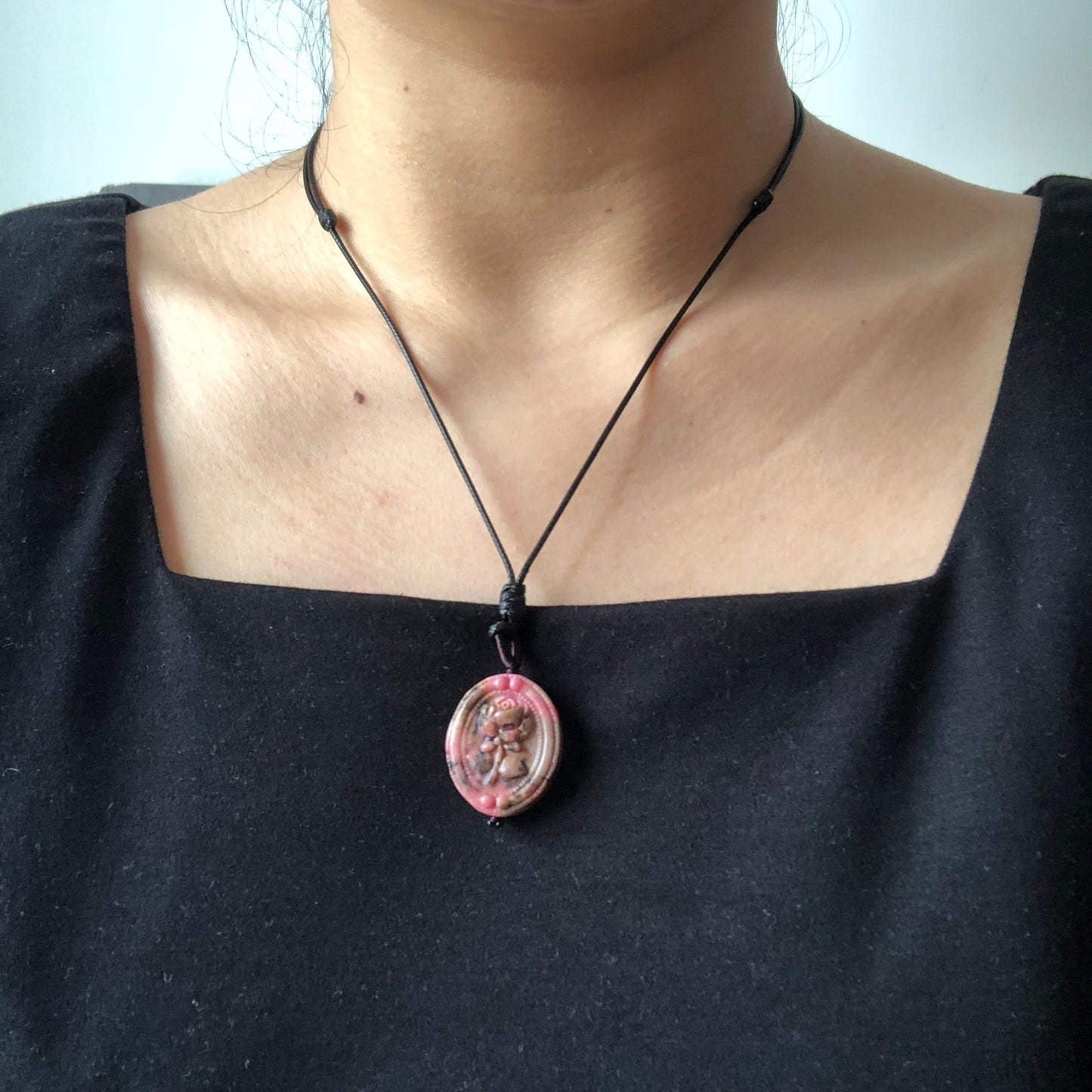 Natural Rhodonite Stone Carved Rose Pendant Charm | adjustable necklace | Pink Porcelain Blue Brownish Purple with Black Ink| Vintage Retro