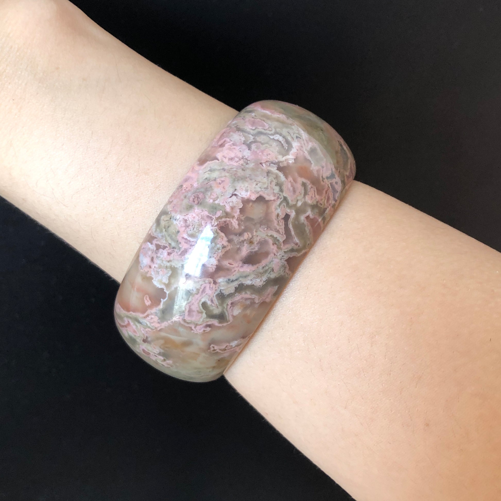 60mm Pink Rhodonite Stone Bangle Bracelet | Monet Garden | Blooming Lily flowers | Crystal Gemstone Rock Bangle | Healing Stone for women