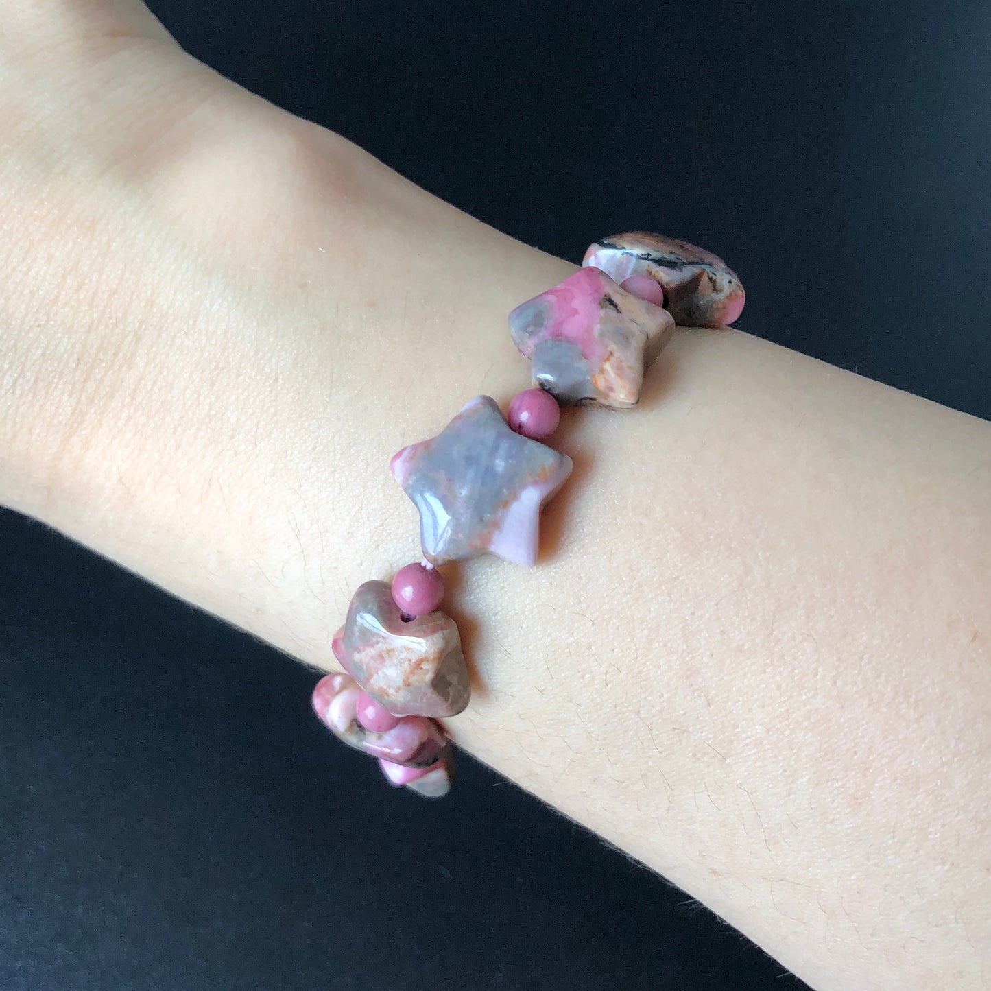 Natural Rhodonite Bead Rock Star Bracelet | Blue, Pink, White and Black Ink | Raw Crystal Gemstone Bracelet | Healing Stone Gift for her