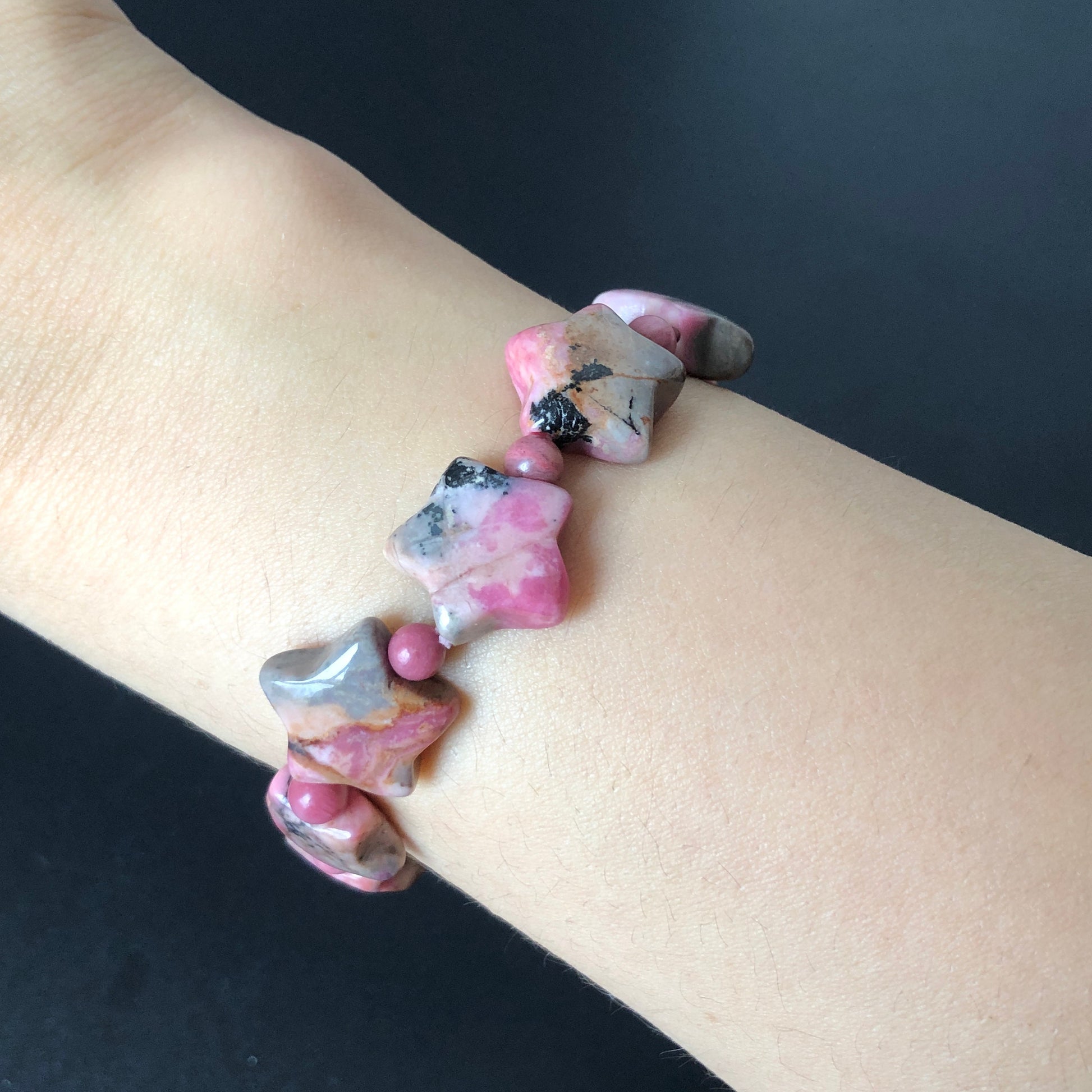 Natural Rhodonite Bead Rock Star Bracelet | Blue, Pink, White and Black Ink | Raw Crystal Gemstone Bracelet | Healing Stone Gift for her