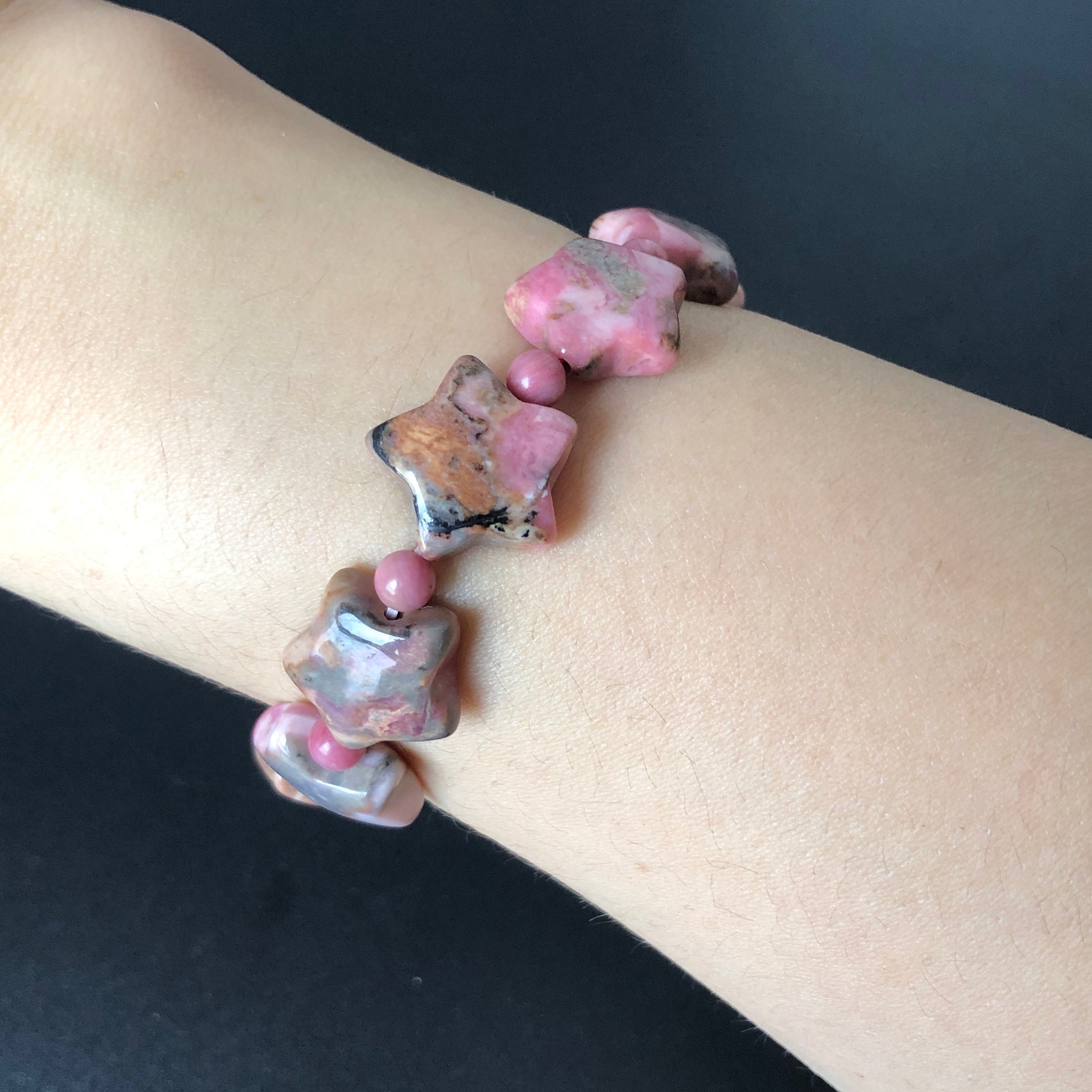 Natural Rhodonite Bead Rock Star Bracelet | Blue, Pink, White and Black Ink | Raw Crystal Gemstone Bracelet | Healing Stone Gift for her