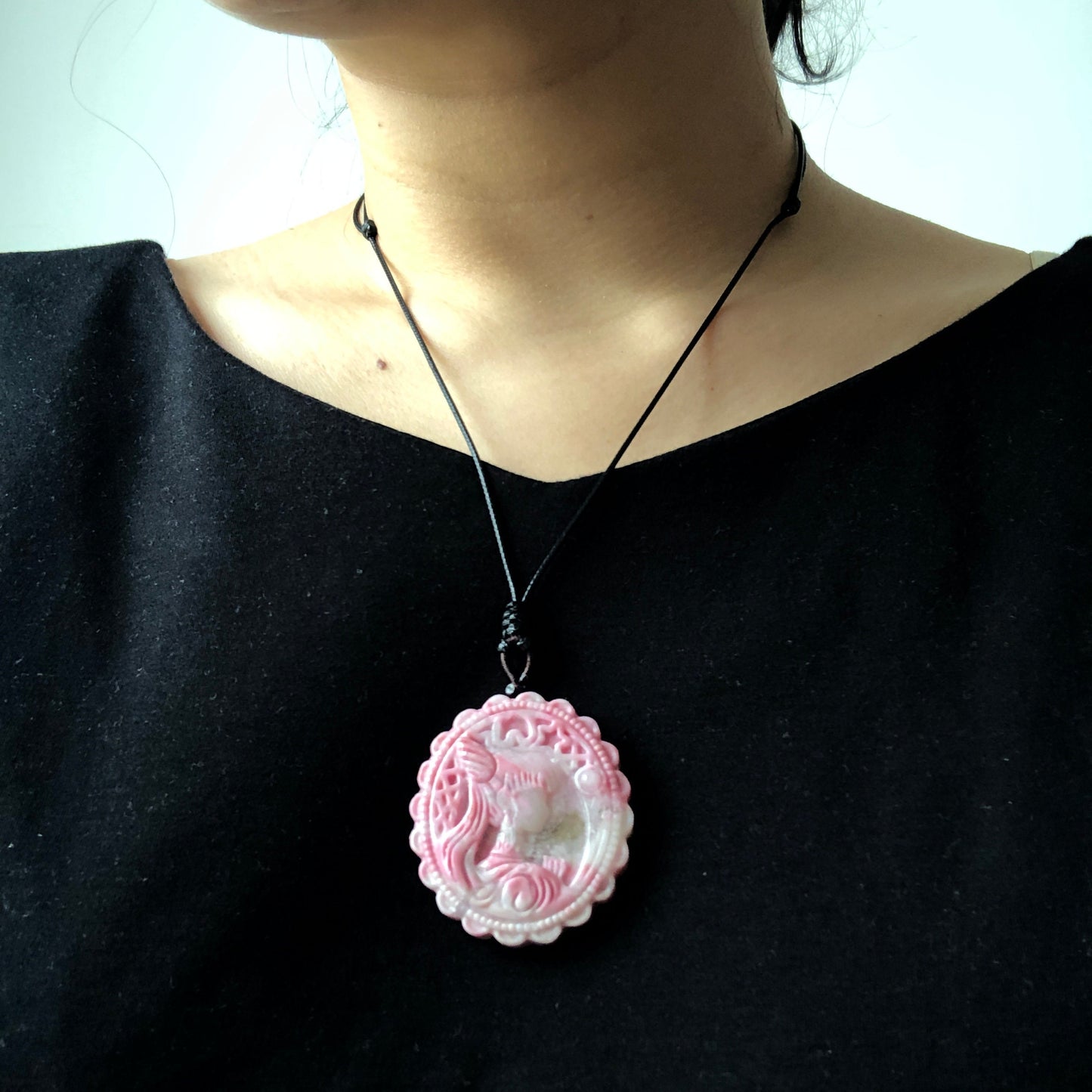 Natural Rhodonite Stone Carved Sailor Moon Pendant | Pink Porcelain Blue | Cool & Sweet | Semi-translucent Icy | adjustable necklace