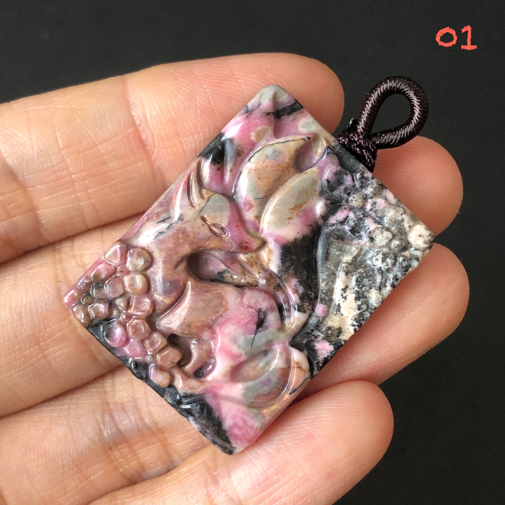 Natural Rhodonite Stone Carved Nine-tailed Fox Pendant Charm | adjustable necklace | Pink Porcelain Blue Brownish Purple with Black Ink