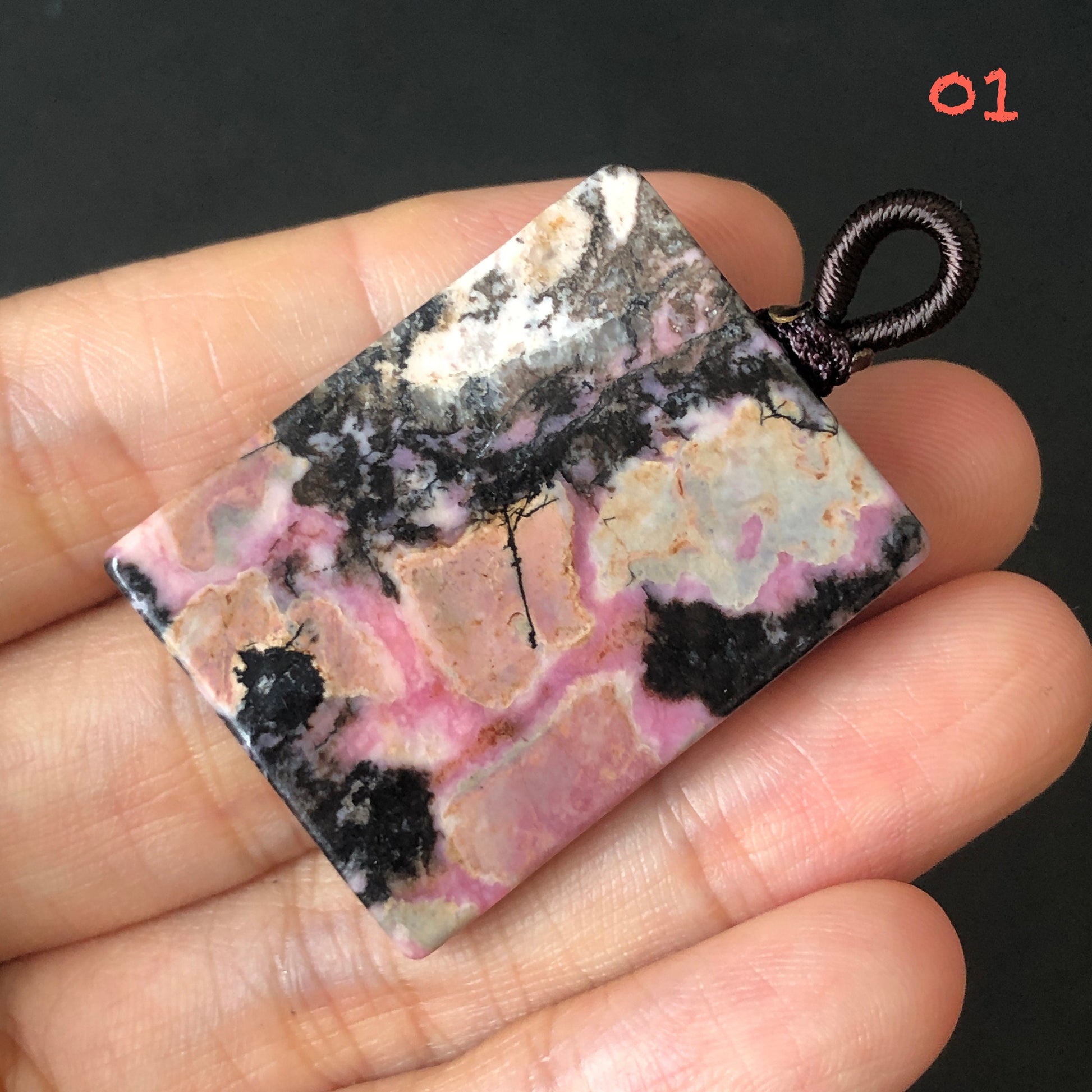 Natural Rhodonite Stone Carved Nine-tailed Fox Pendant Charm | adjustable necklace | Pink Porcelain Blue Brownish Purple with Black Ink