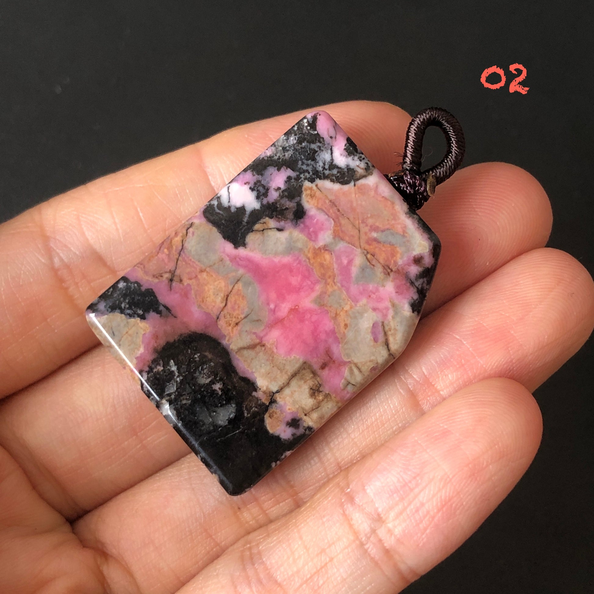 Natural Rhodonite Stone Carved Nine-tailed Fox Pendant Charm | adjustable necklace | Pink Porcelain Blue Brownish Purple with Black Ink