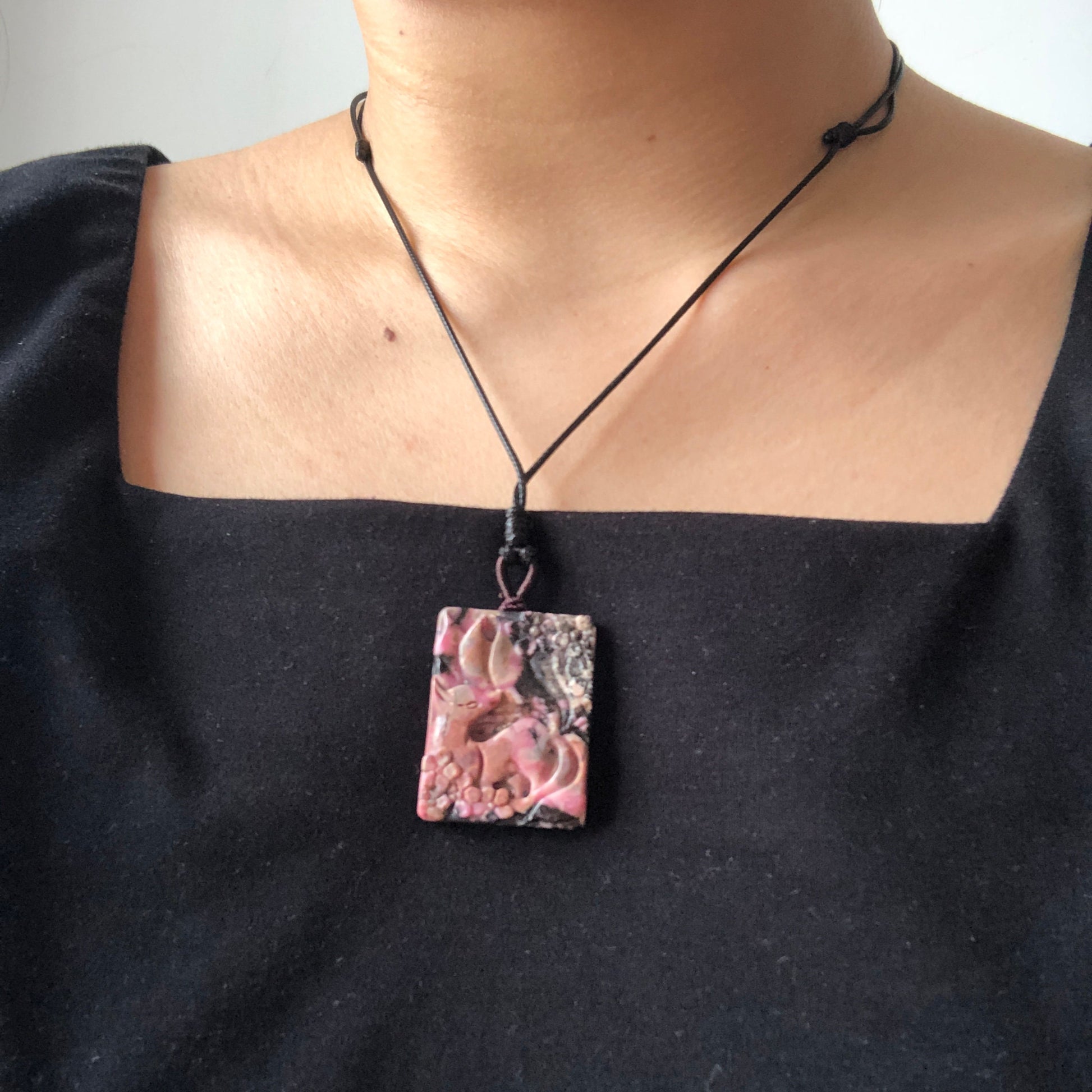 Natural Rhodonite Stone Carved Nine-tailed Fox Pendant Charm | adjustable necklace | Pink Porcelain Blue Brownish Purple with Black Ink