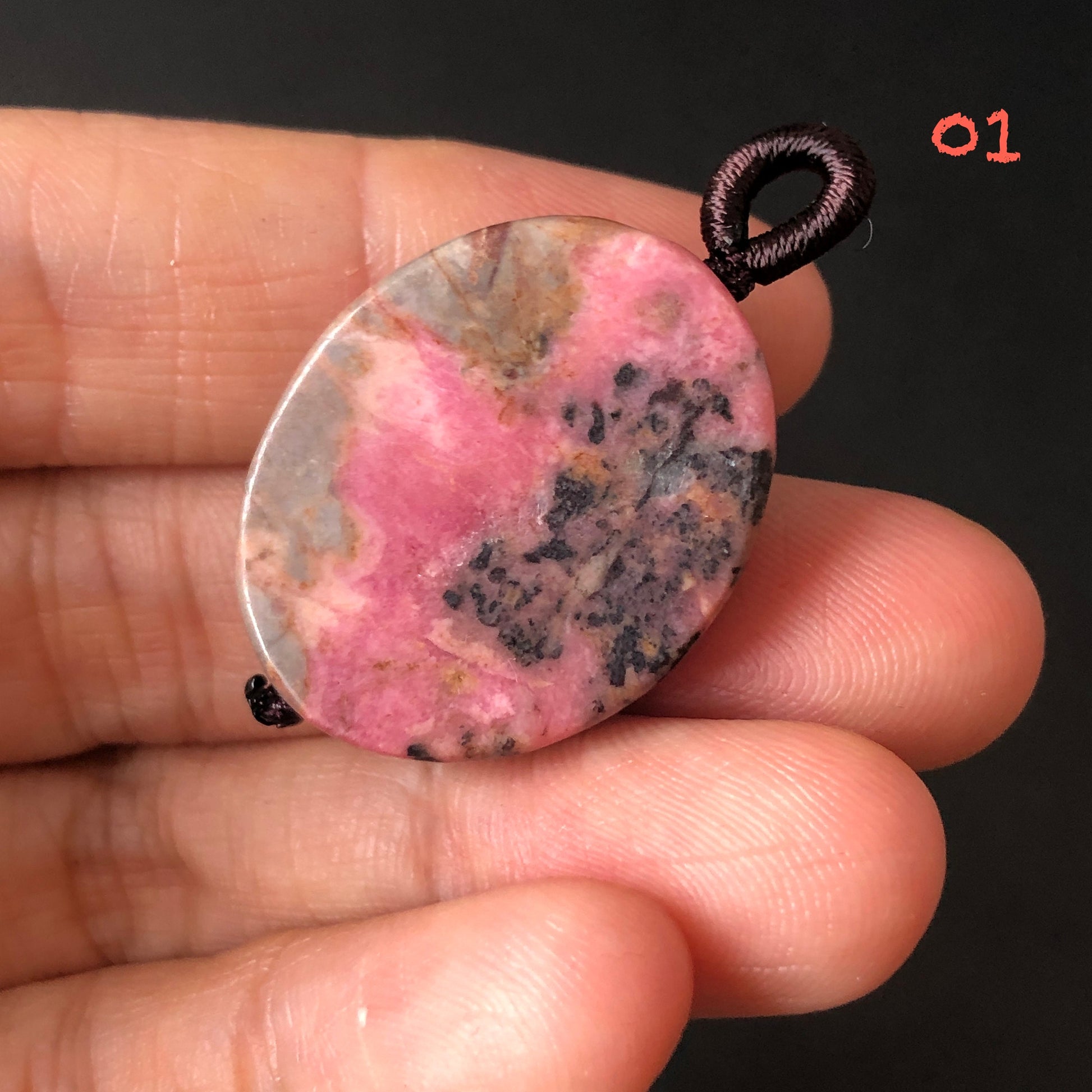 Natural Rhodonite Stone Carved Rose Pendant Charm | adjustable necklace | Pink Porcelain Blue Brownish Purple with Black Ink| Vintage Retro