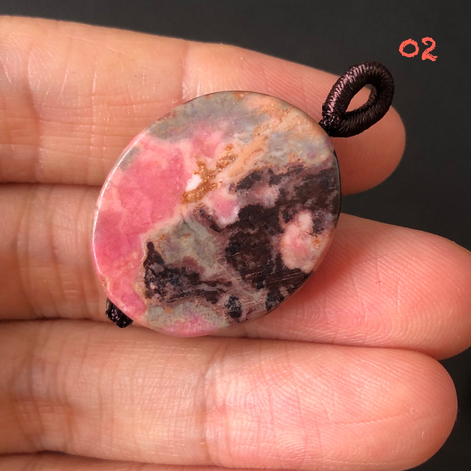 Natural Rhodonite Stone Carved Rose Pendant Charm | adjustable necklace | Pink Porcelain Blue Brownish Purple with Black Ink| Vintage Retro