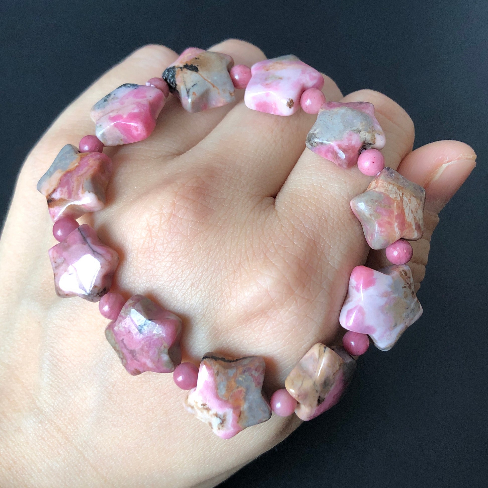 Natural Rhodonite Bead Rock Star Bracelet | Blue, Pink, White and Black Ink | Raw Crystal Gemstone Bracelet | Healing Stone Gift for her