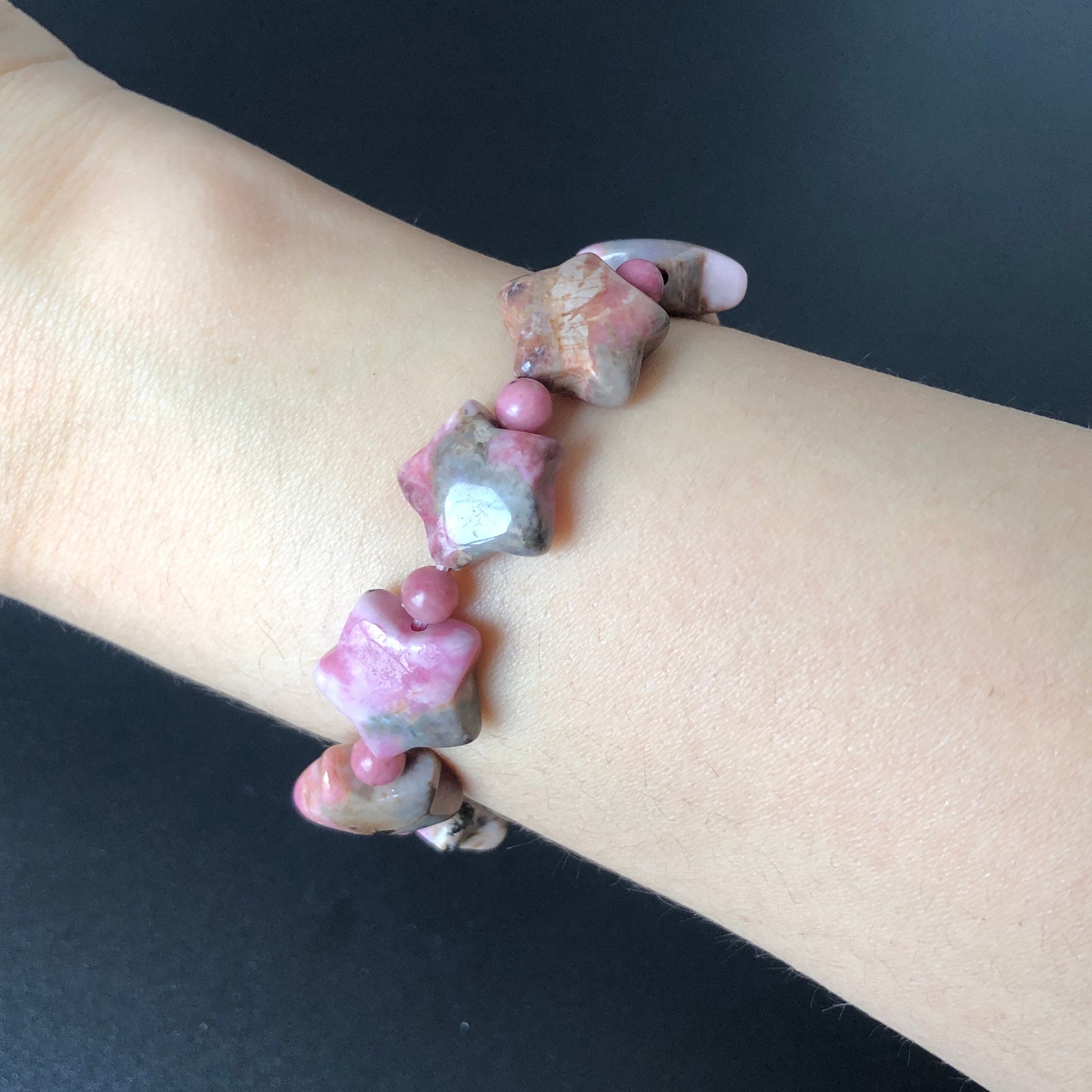 Natural Rhodonite Bead Rock Star Bracelet | Blue, Pink, White and Black Ink | Raw Crystal Gemstone Bracelet | Healing Stone Gift for her