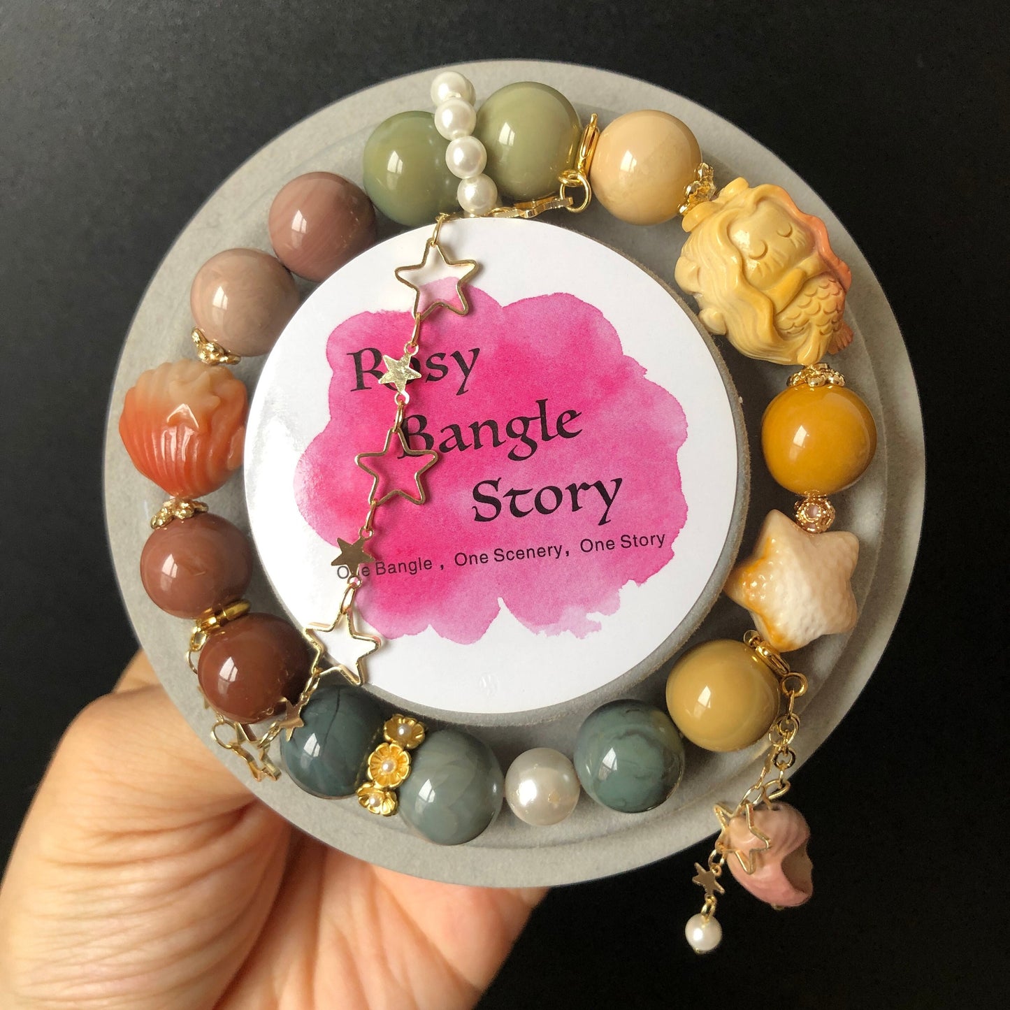 Natural Alashan Agate Mermaid with Star Fish, Sea Snail, Seashell dangler Charm Bead Bracelet | Gradient Rainbow | Crystal Gemstone DIY