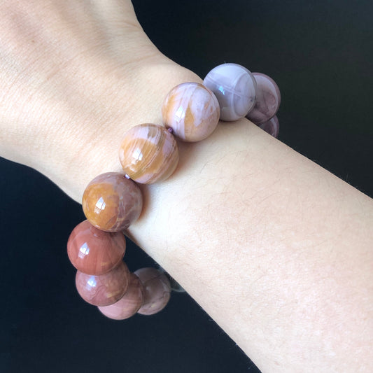 Natural Alashan Agate Big Bead Bracelet | Swirl Eye pattern | Gradient Colour | Red Bean, Purple, Green | Vintage Style | Crystal Gemstone