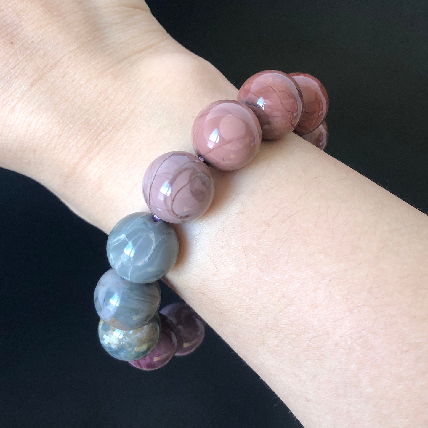 Natural Alashan Agate Big Bead Bracelet | Swirl Eye pattern | Gradient Colour | Red Bean, Purple, Green | Vintage Style | Crystal Gemstone