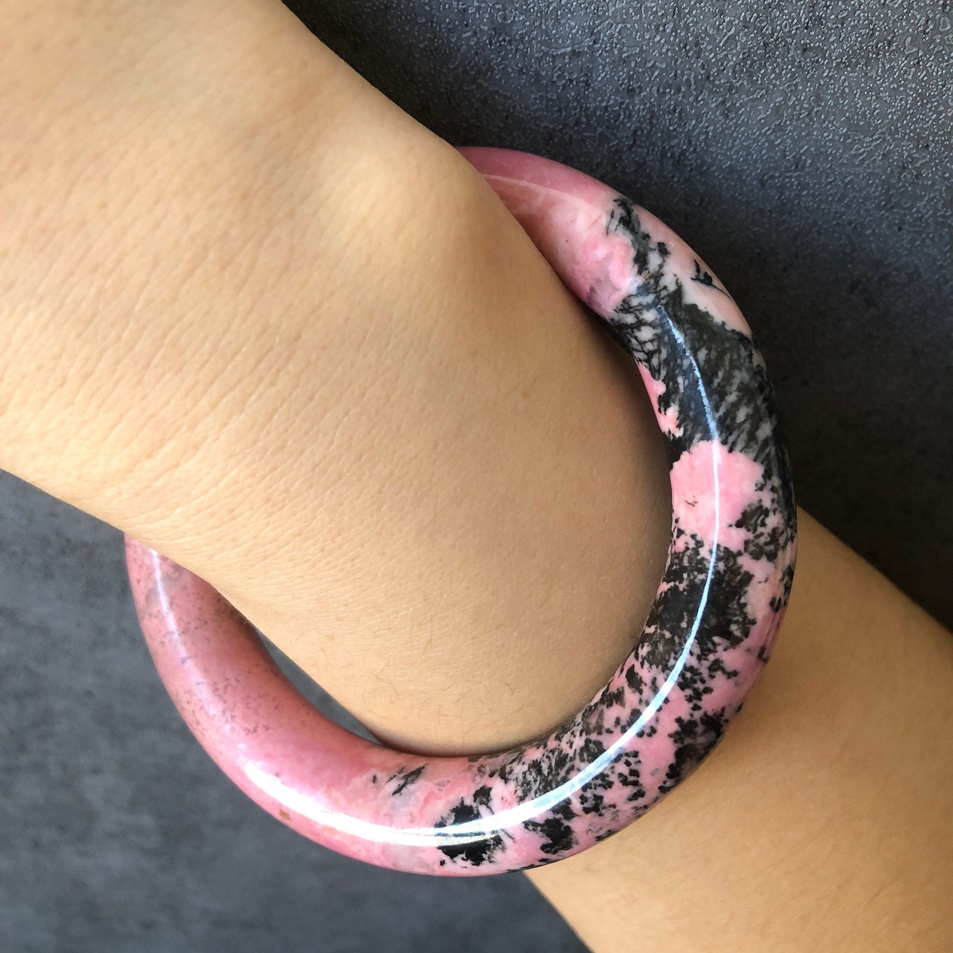 57.7mm Natural Rhodonite Bangle | The Splash! | Pink with Black Ink | Crystal Gemstone Bangle | Pink Raw Stone Bracelet | Healing Stone