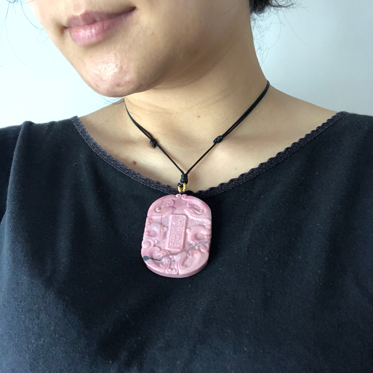 High Quality Natural Rhodonite Stone Carved Phoenix Chinese “招財” Bring Fortune Pendant Crystal Charm | adjustable necklace | Icy Pink