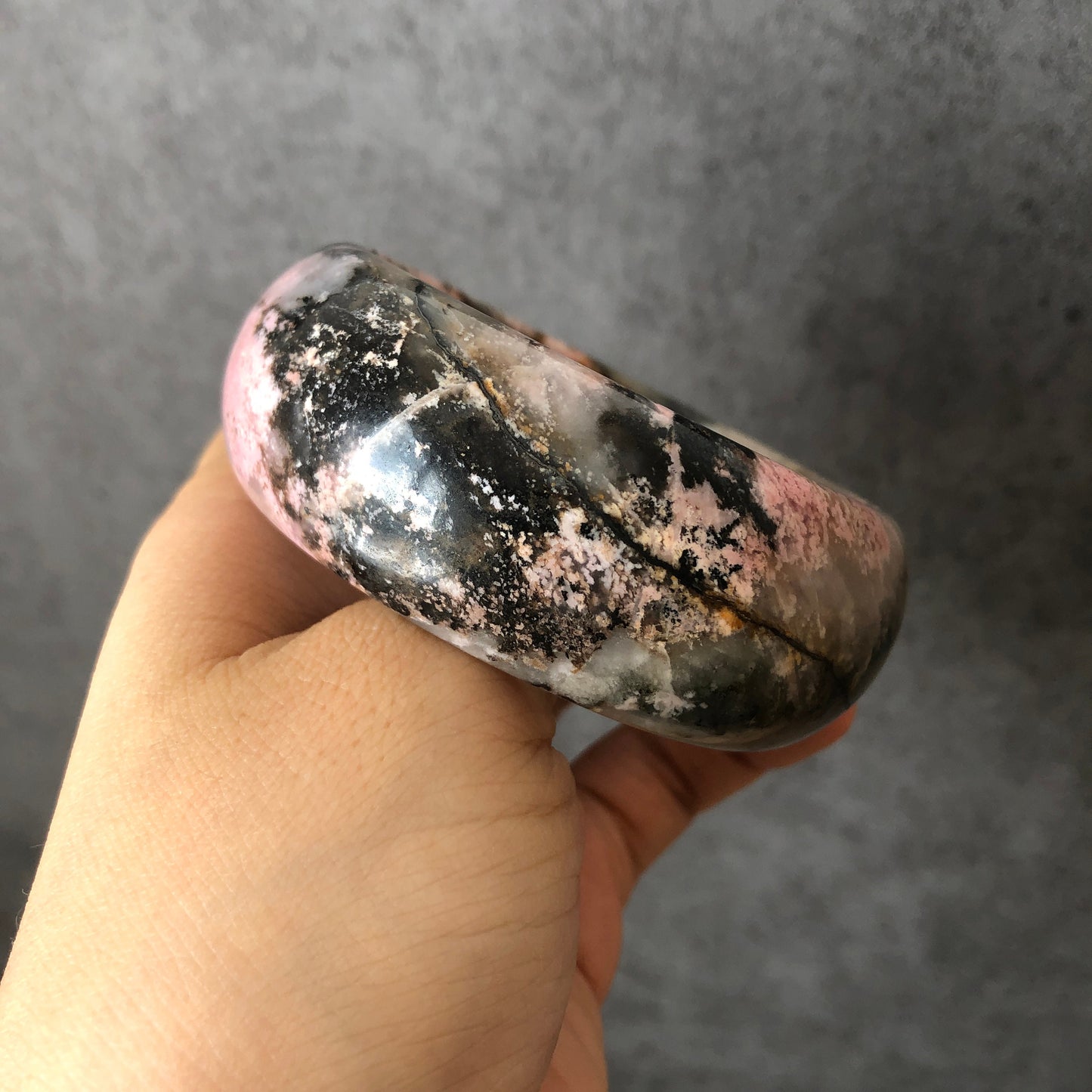 58mm Rhodonite Stone Bangle with Black Ink | Pink Storm | Sweet Hurricane | Raw Stone Bracelet Crystal Bangle | Healing Stone Gift for her