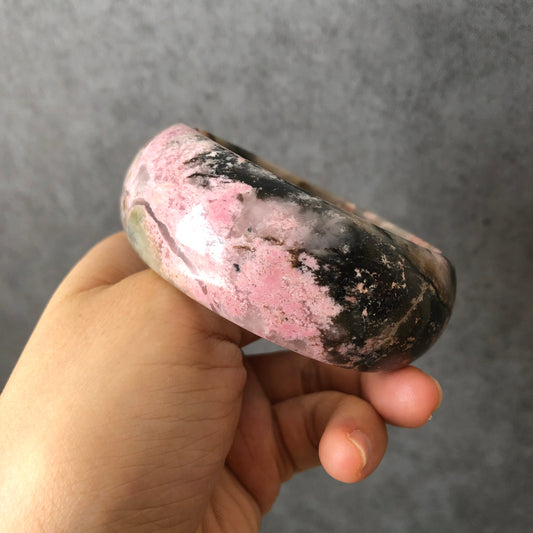 58mm Rhodonite Stone Bangle with Black Ink | Pink Storm | Sweet Hurricane | Raw Stone Bracelet Crystal Bangle | Healing Stone Gift for her