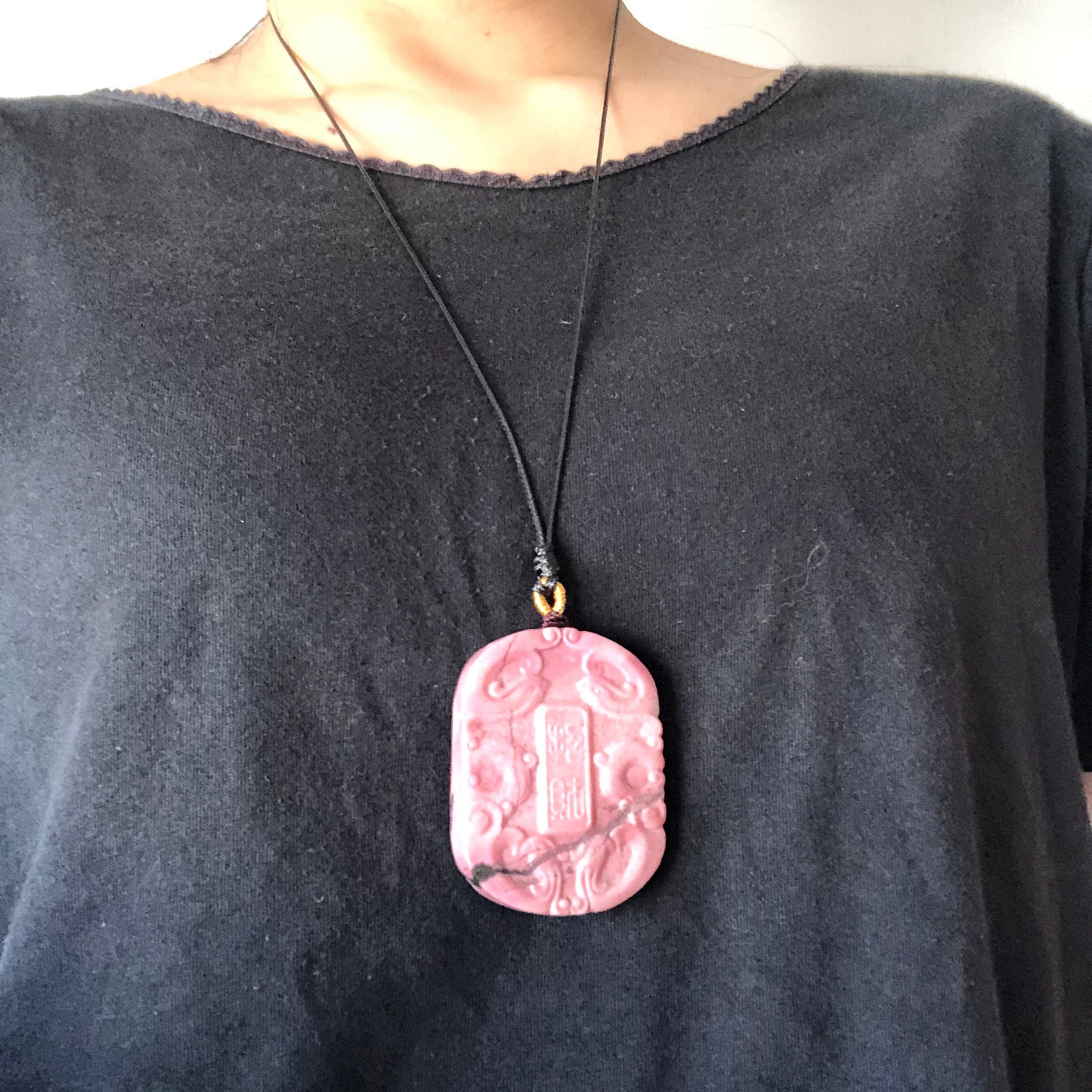 High Quality Natural Rhodonite Stone Carved Phoenix Chinese “招財” Bring Fortune Pendant Crystal Charm | adjustable necklace | Icy Pink