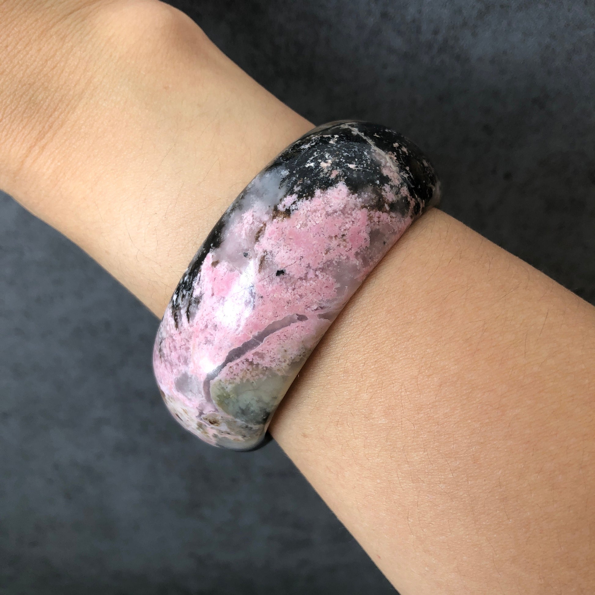 58mm Rhodonite Stone Bangle with Black Ink | Pink Storm | Sweet Hurricane | Raw Stone Bracelet Crystal Bangle | Healing Stone Gift for her