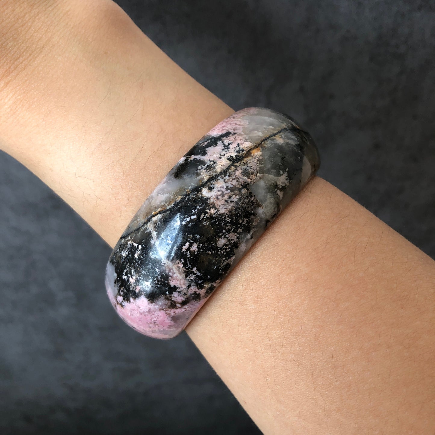 58mm Rhodonite Stone Bangle with Black Ink | Pink Storm | Sweet Hurricane | Raw Stone Bracelet Crystal Bangle | Healing Stone Gift for her