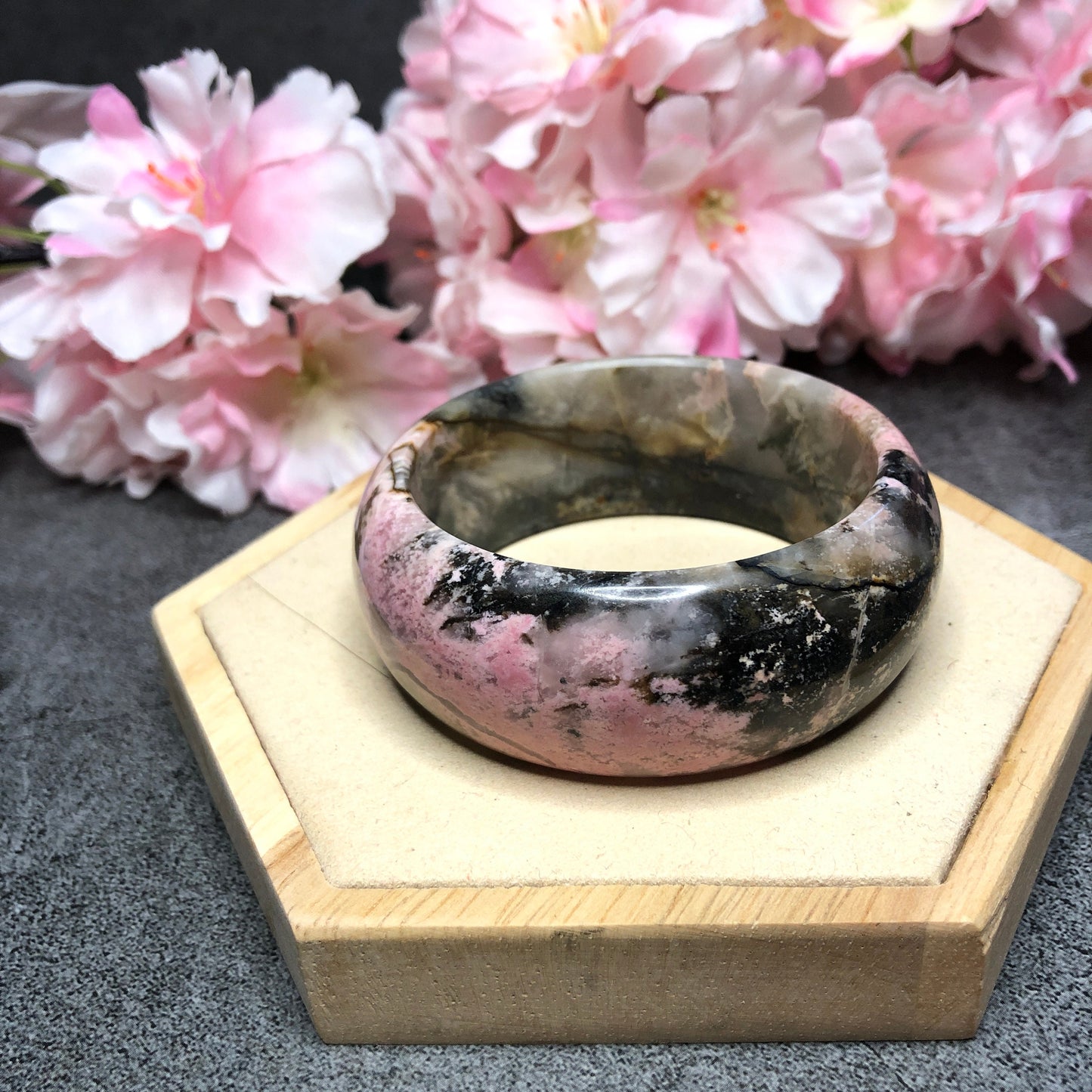 58mm Rhodonite Stone Bangle with Black Ink | Pink Storm | Sweet Hurricane | Raw Stone Bracelet Crystal Bangle | Healing Stone Gift for her