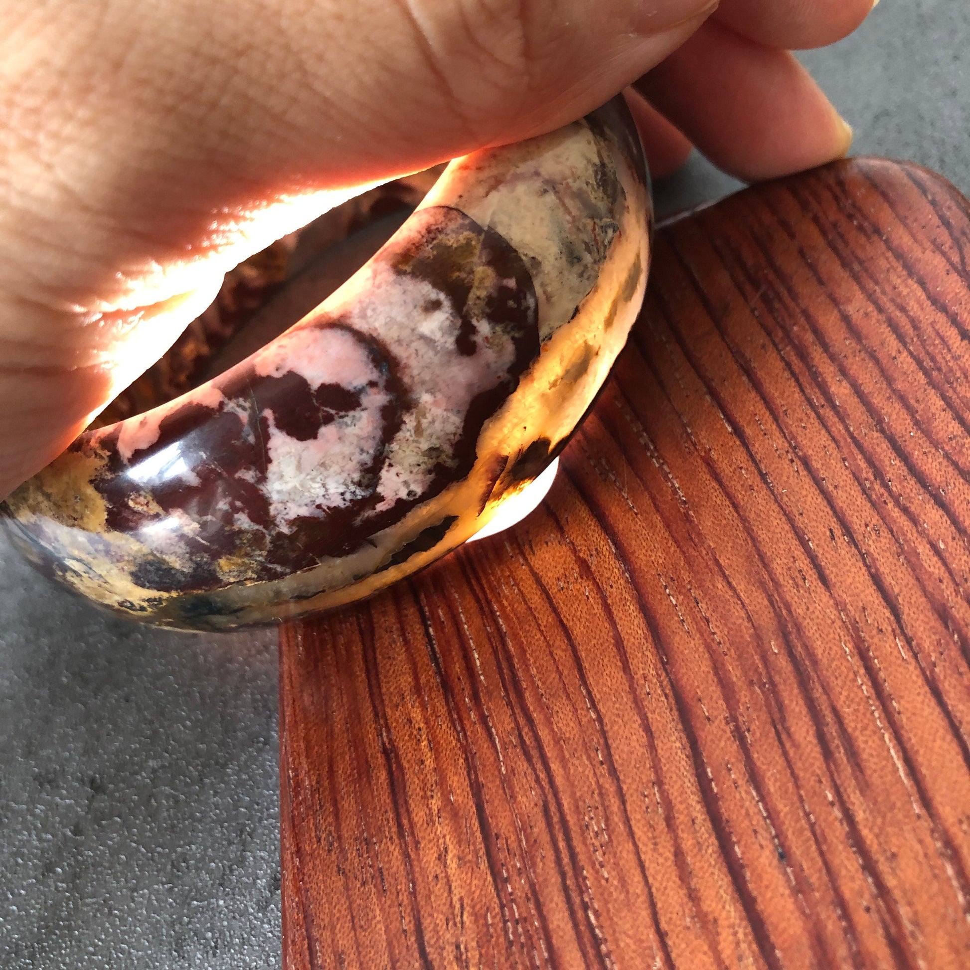 59.4mm Natural Rhodonite Stone Bangle Bracelet | Stunning Volcano | Brown Pink Leopard Print | Bold Crystal Gemstone Bangle | Healing Stone