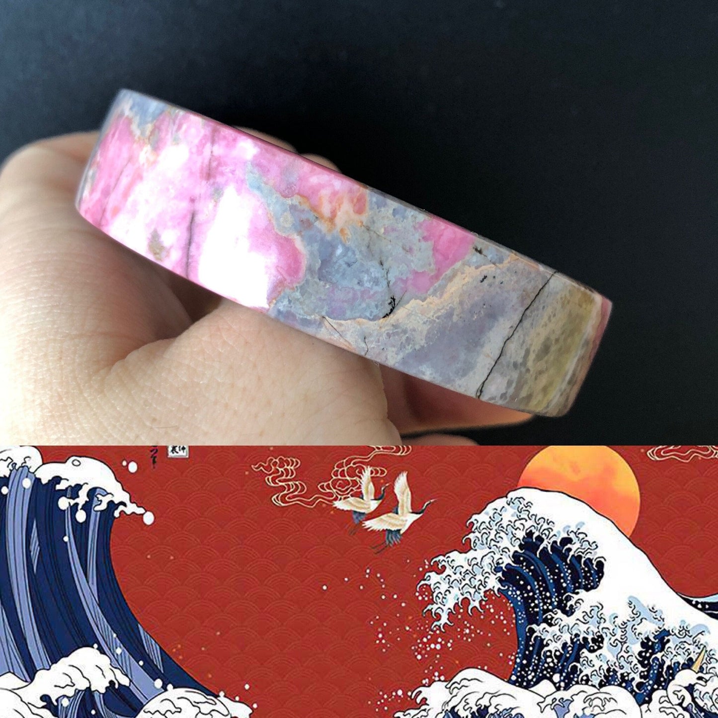 54.3mm Natural Pink Rhodonite Stone Bangle, Sea Wave at Dawn | Pink & Blue Crystal Bangle | Gemstone Bracelet Healing Stone Gift, pink raw stone bangle bracelet, Rosy Pink Stone, Wide Bangle for women, japanese style bangle, modern edgy bangle