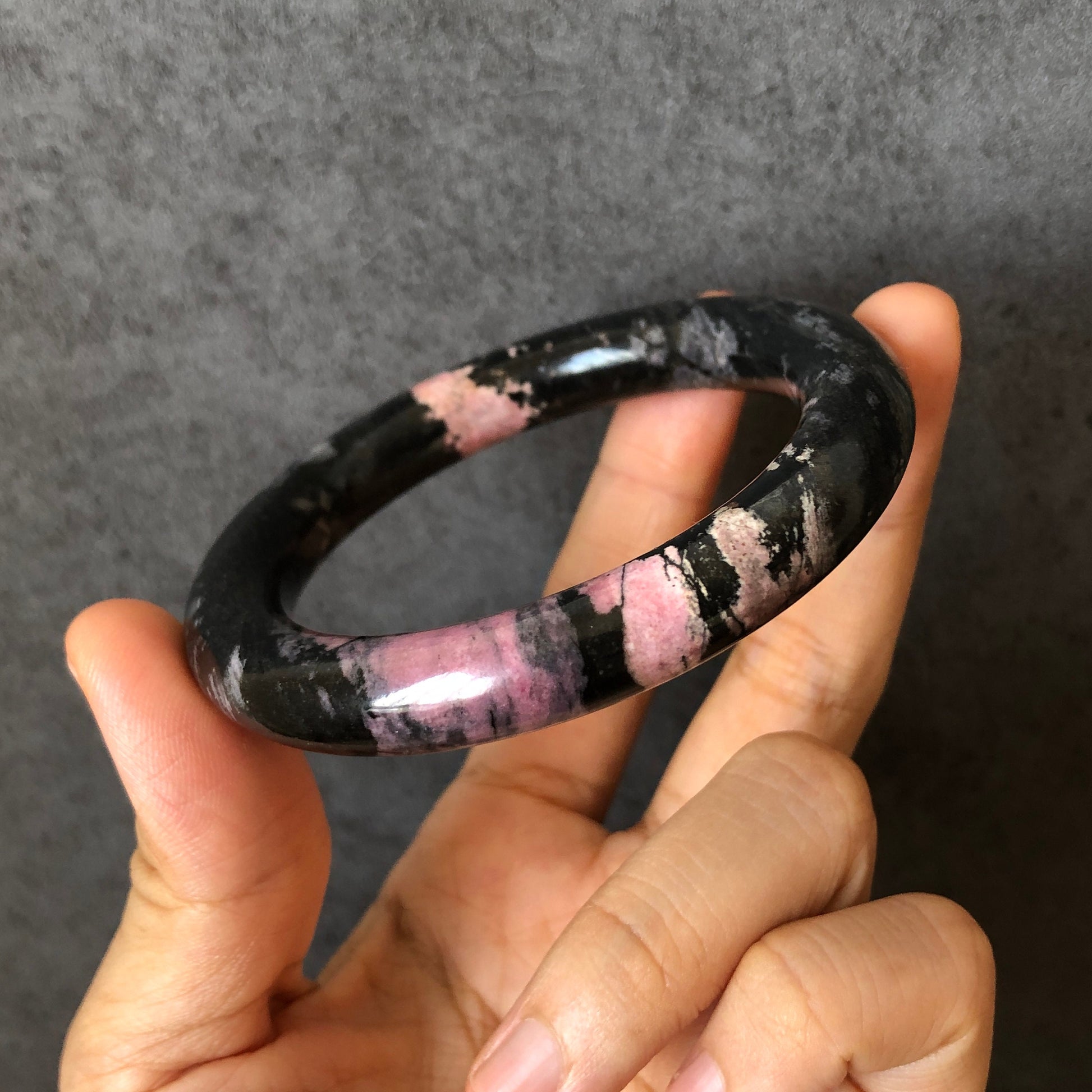 54.4mm Natural Rhodonite Stone Bangle Bracelet Set & Raw Stone Paperweight | Dancing with the Dark | Black and rosy pink | Crystal Gemstone, gift for her, raw stone bracelet, raw gemstone bangle, pink crystal, black crystal, pink stone bangle