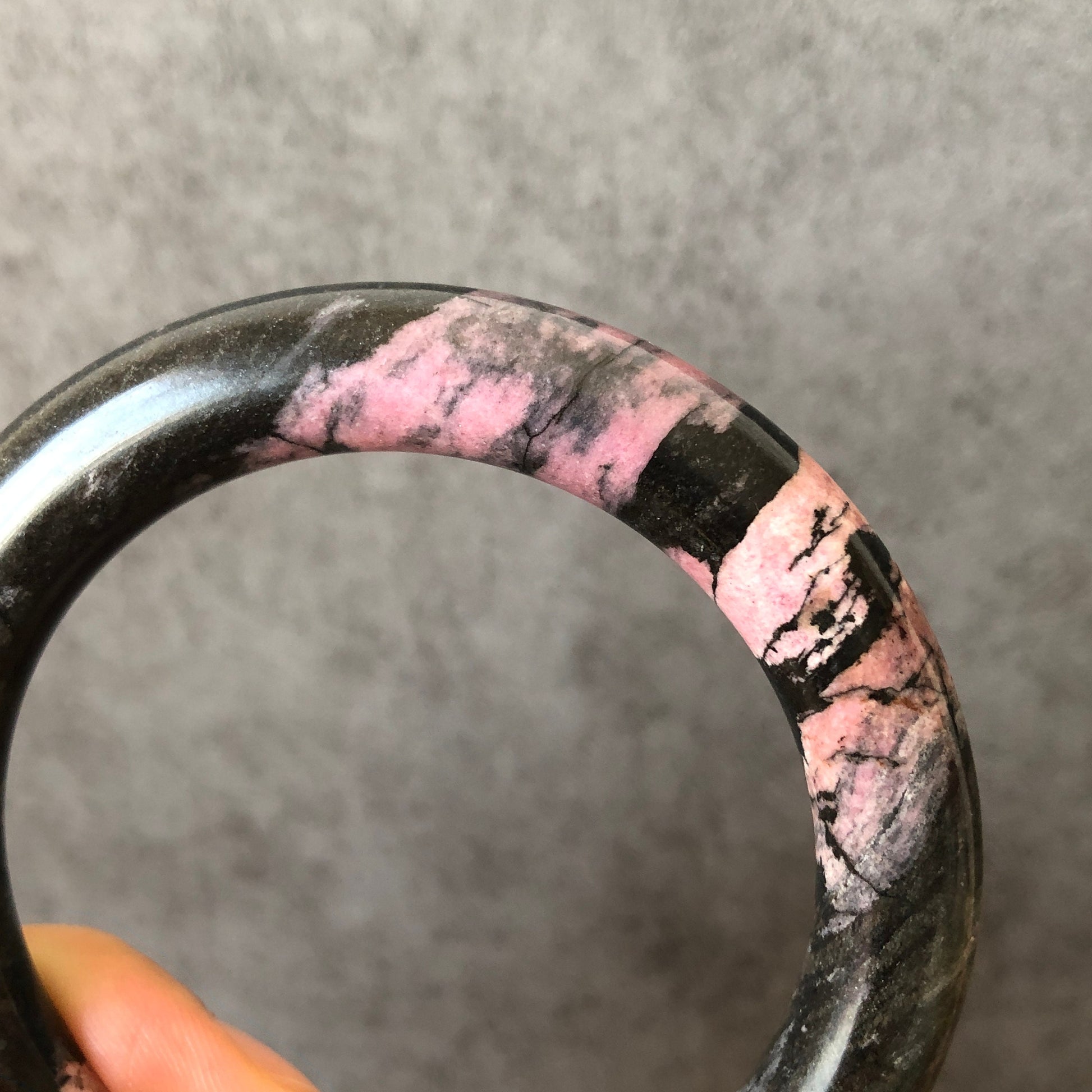 54.4mm Natural Rhodonite Stone Bangle Bracelet Set & Raw Stone Paperweight | Dancing with the Dark | Black and rosy pink | Crystal Gemstone, gift for her, raw stone bracelet, raw gemstone bangle, pink crystal, black crystal, pink stone bangle