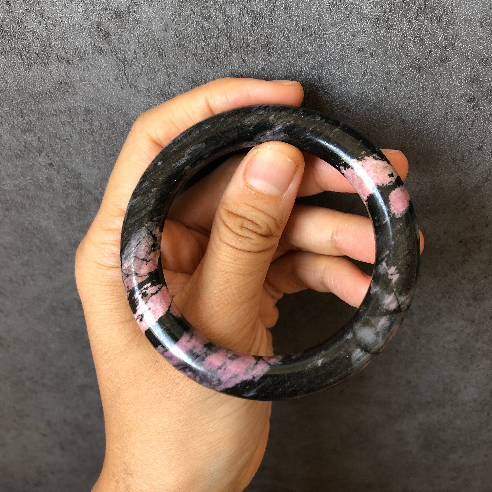 54.4mm Natural Rhodonite Stone Bangle Bracelet Set & Raw Stone Paperweight | Dancing with the Dark | Black and rosy pink | Crystal Gemstone, gift for her, raw stone bracelet, raw gemstone bangle, pink crystal, black crystal, pink stone bangle