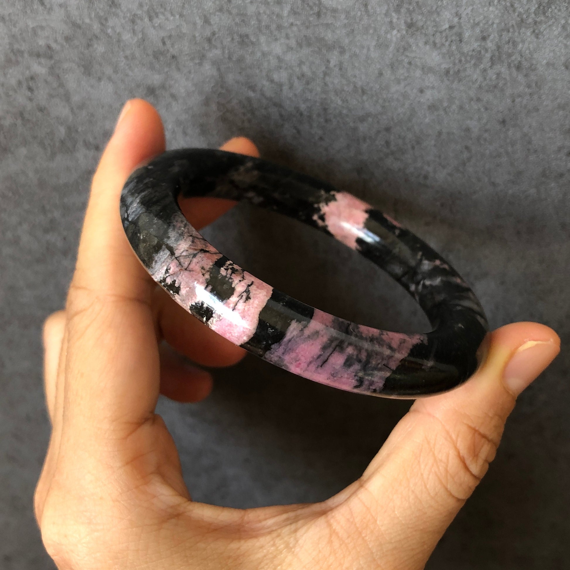 54.4mm Natural Rhodonite Stone Bangle Bracelet Set & Raw Stone Paperweight | Dancing with the Dark | Black and rosy pink | Crystal Gemstone, gift for her, raw stone bracelet, raw gemstone bangle, pink crystal, black crystal, pink stone bangle