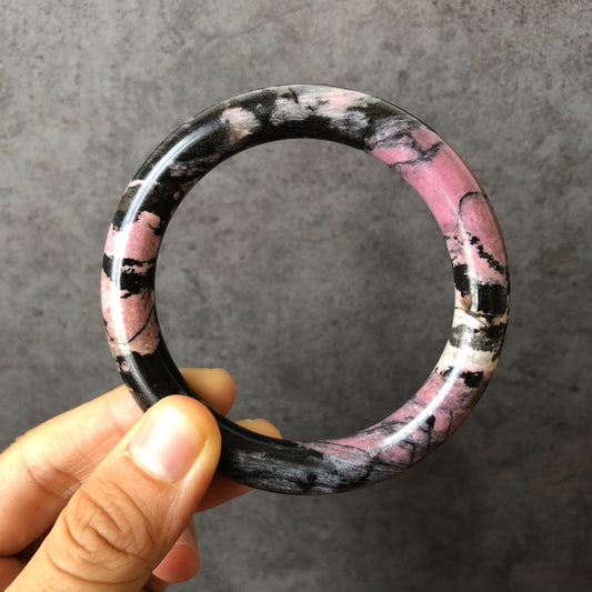 56.4mm High quality Natural Rhodonite Stone Bangle Bracelet | Dancing with the Dark | Black with rosy pink | Crystal Gemstone Stone Bangle