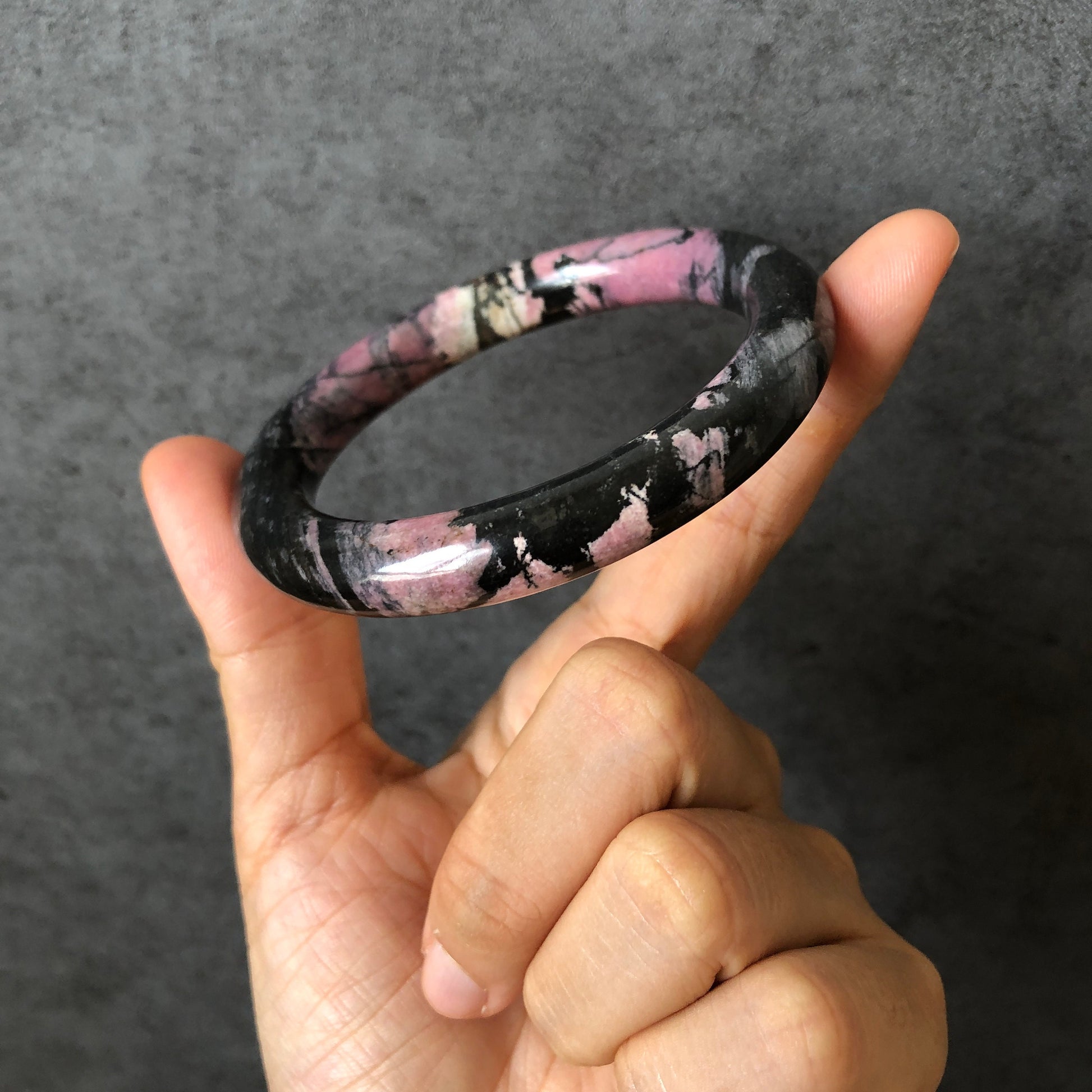 56.4mm High quality Natural Rhodonite Stone Bangle Bracelet | Dancing with the Dark | Black with rosy pink | Crystal Gemstone Stone Bangle