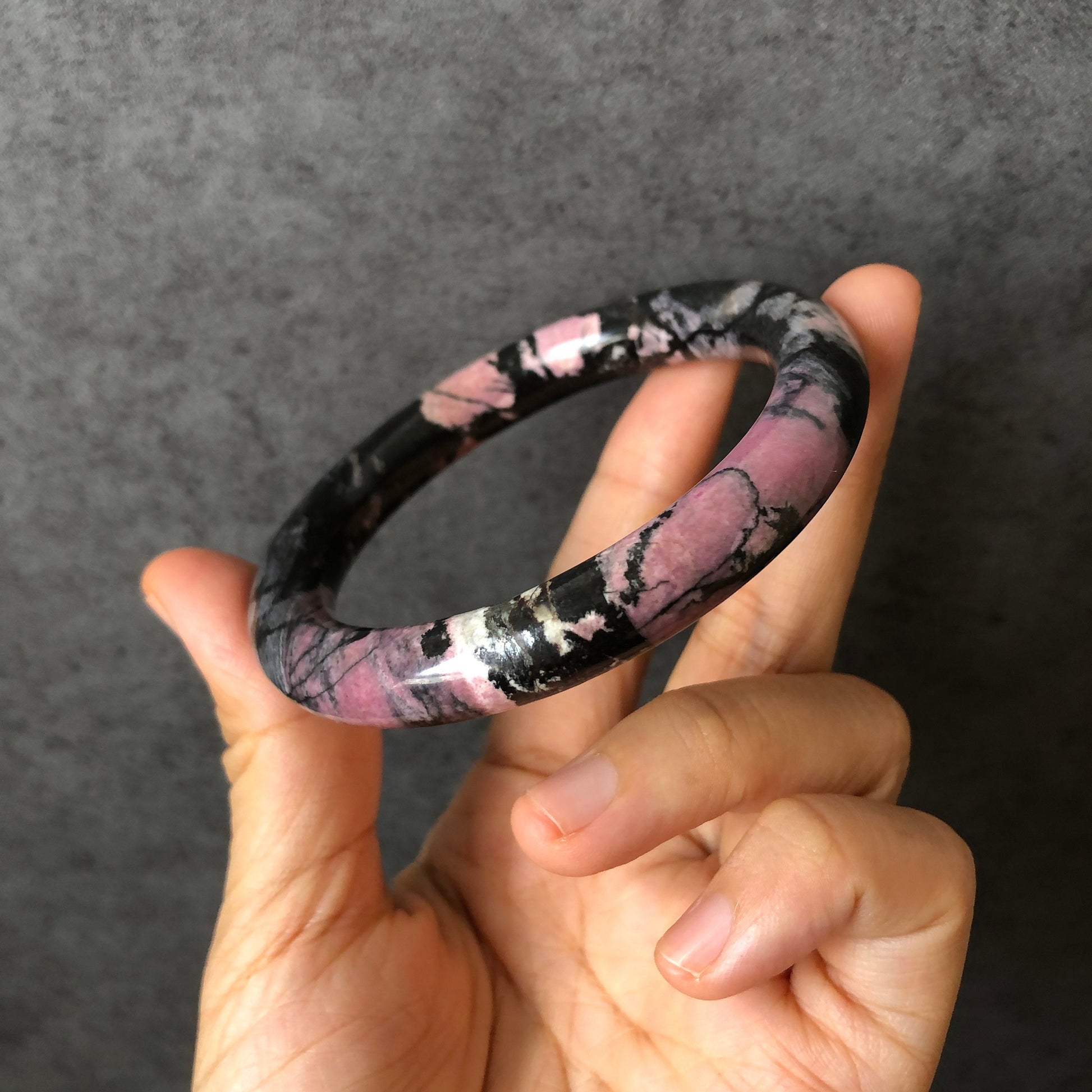 56.4mm High quality Natural Rhodonite Stone Bangle Bracelet | Dancing with the Dark | Black with rosy pink | Crystal Gemstone Stone Bangle