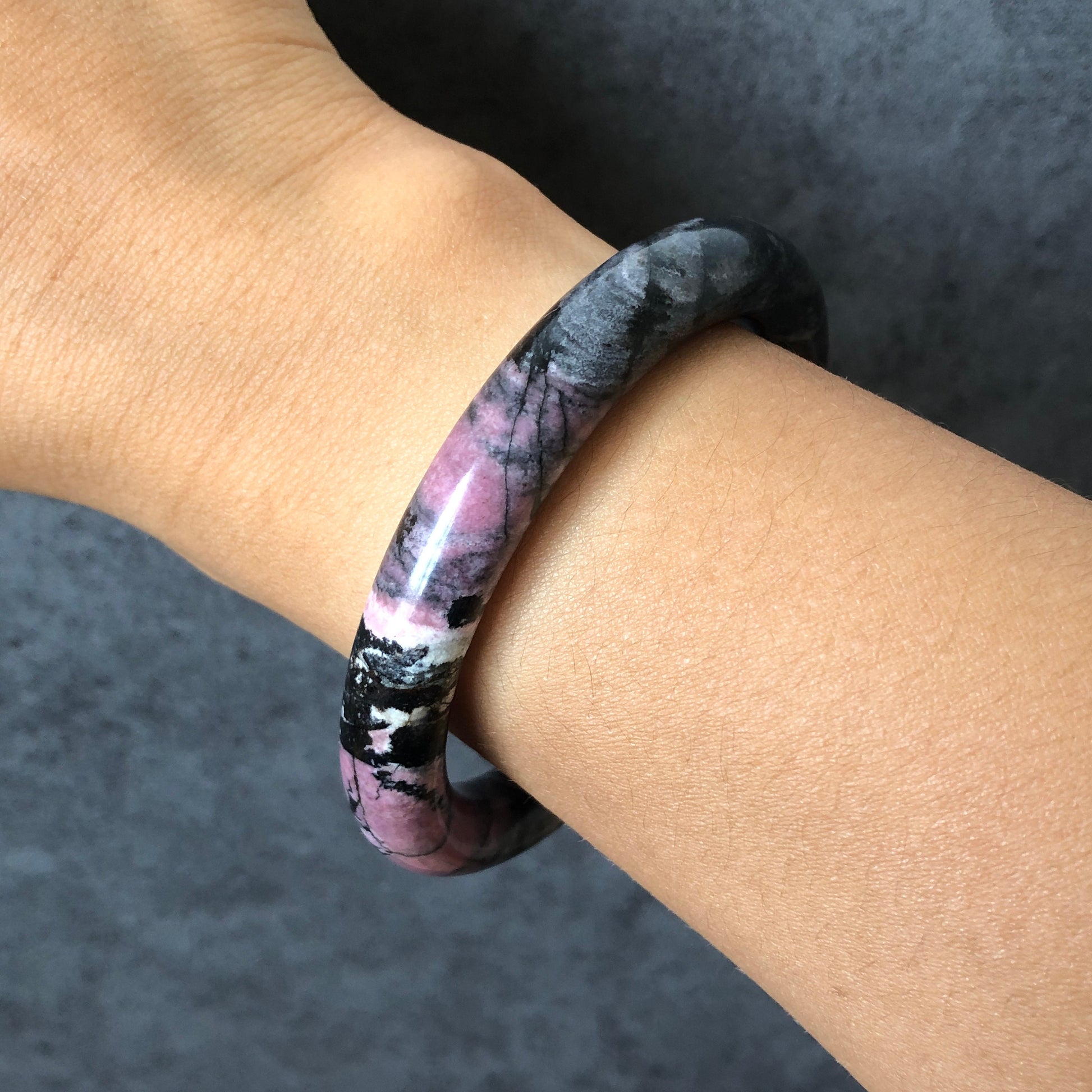 56.4mm High quality Natural Rhodonite Stone Bangle Bracelet | Dancing with the Dark | Black with rosy pink | Crystal Gemstone Stone Bangle