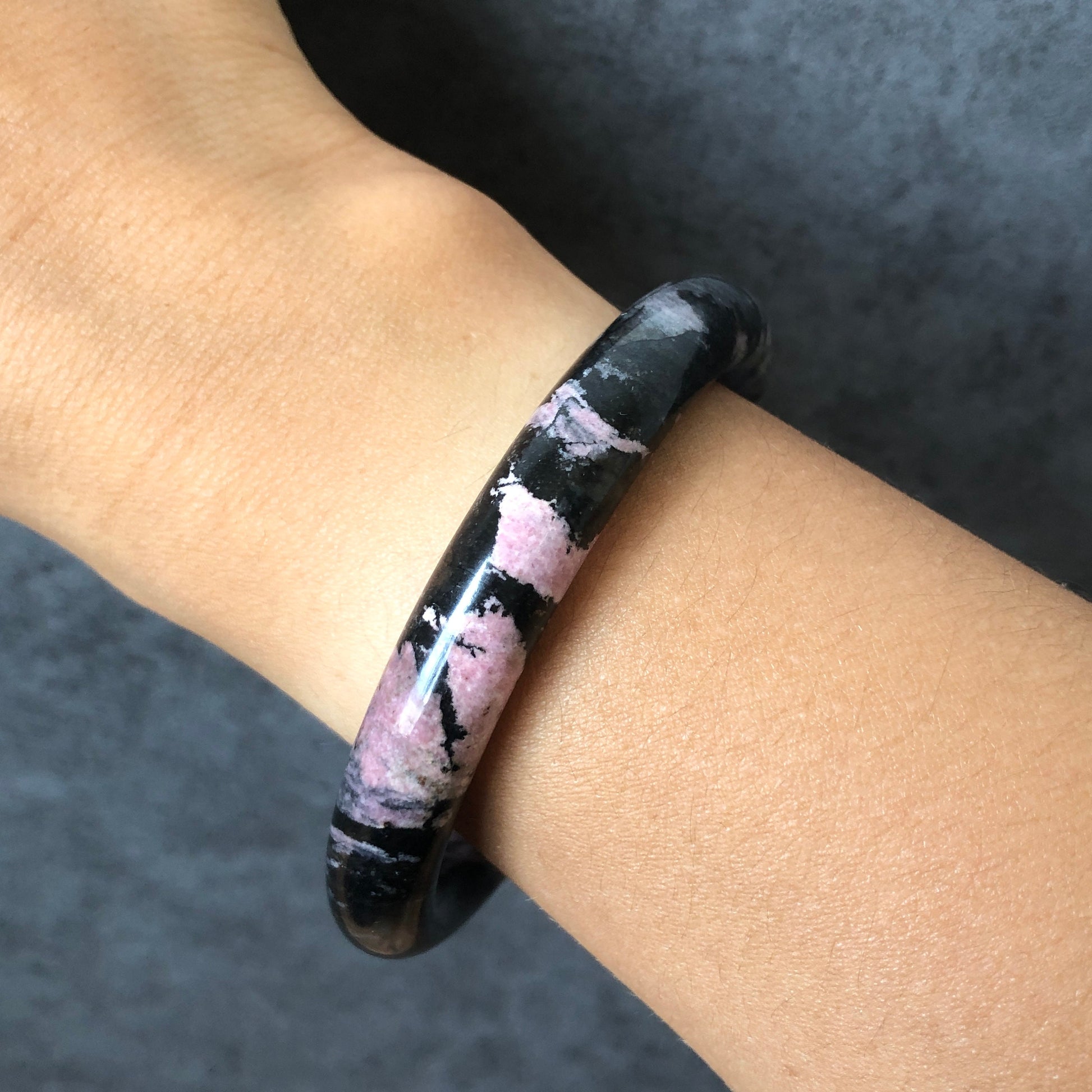 56.4mm High quality Natural Rhodonite Stone Bangle Bracelet | Dancing with the Dark | Black with rosy pink | Crystal Gemstone Stone Bangle